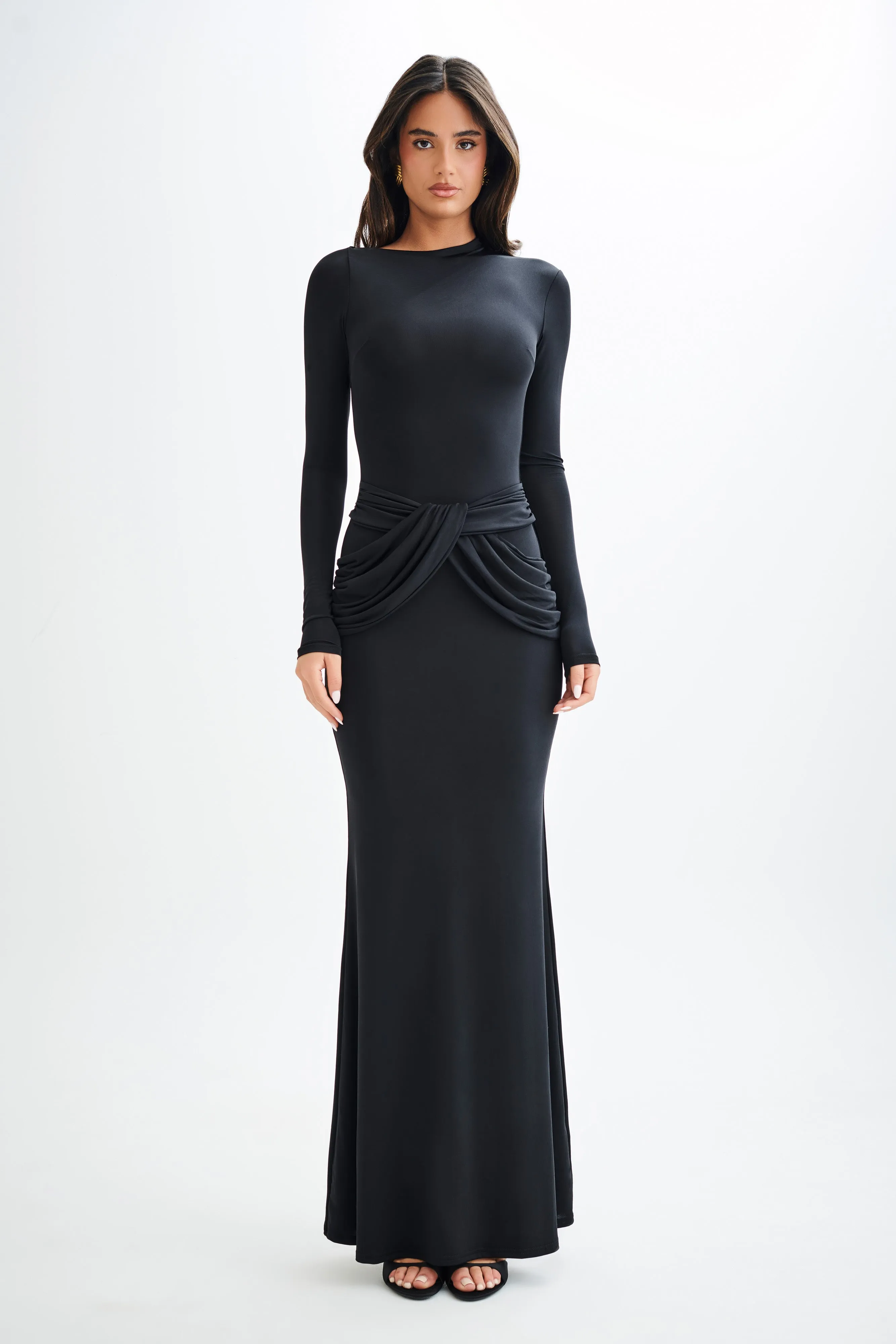 Halcyon Long Sleeve Slinky Maxi Dress - Black sold by Meshki