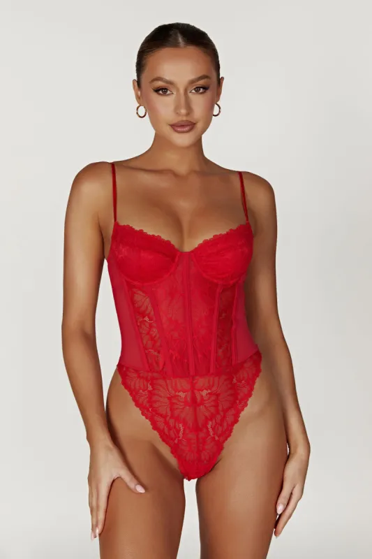 Daisy Lace Mesh Bodysuit - Red sold by Meshki