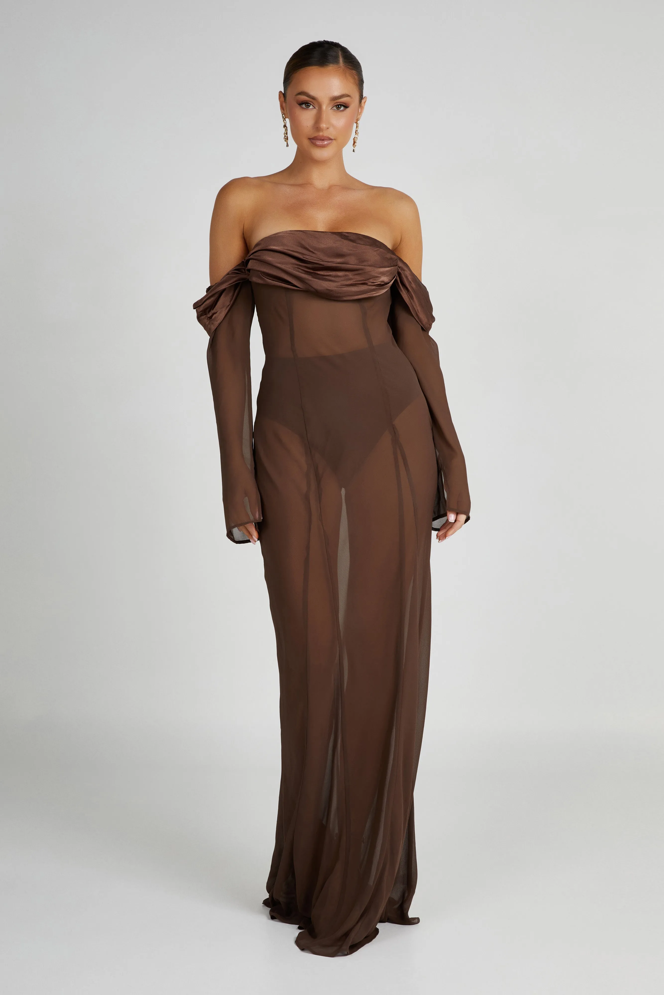Ivanna Off Shoulder Chiffon Maxi Dress - Mocha sold by Meshki product image thumbnail 3