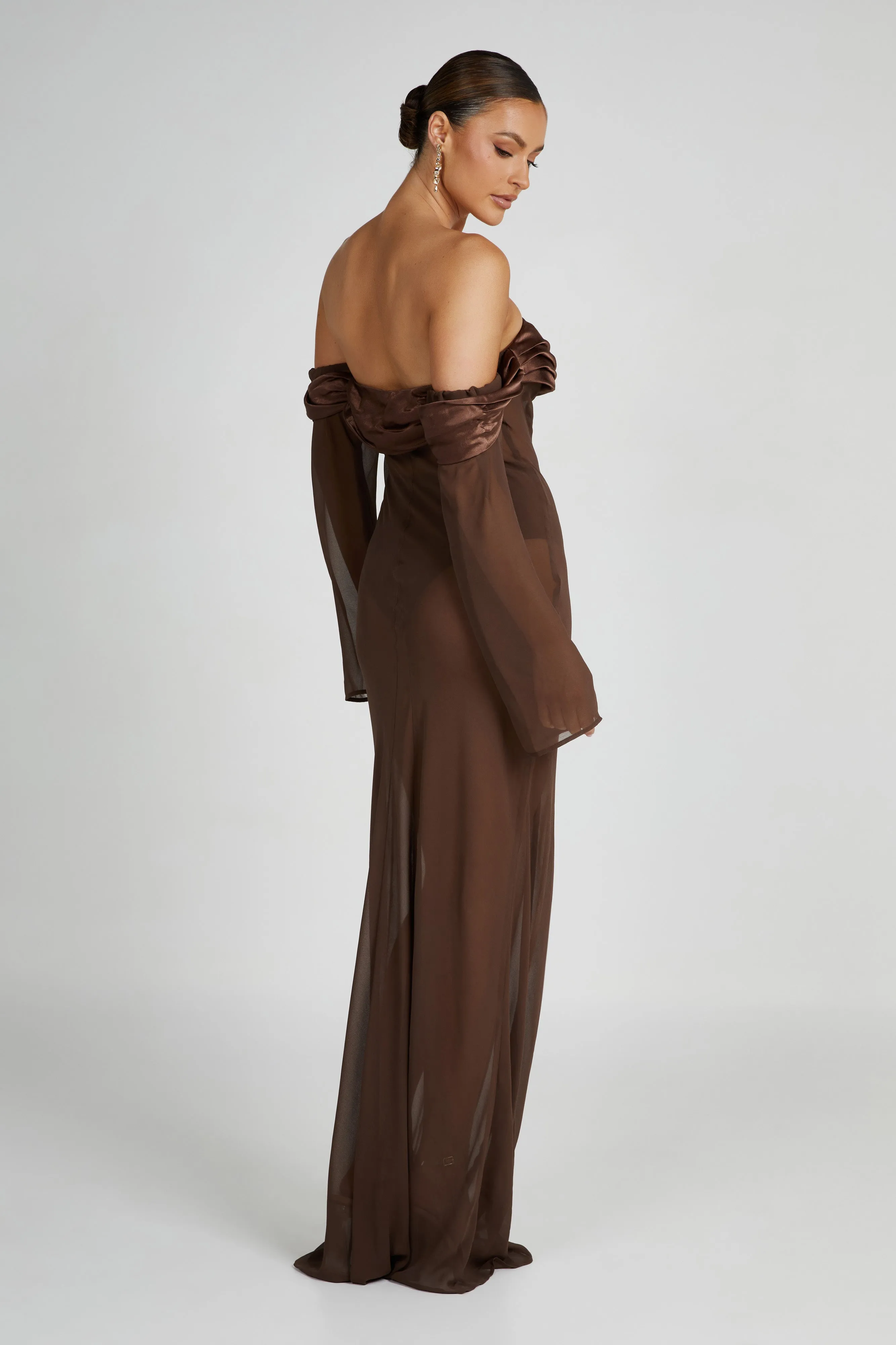 Ivanna Off Shoulder Chiffon Maxi Dress - Mocha sold by Meshki product image thumbnail 4