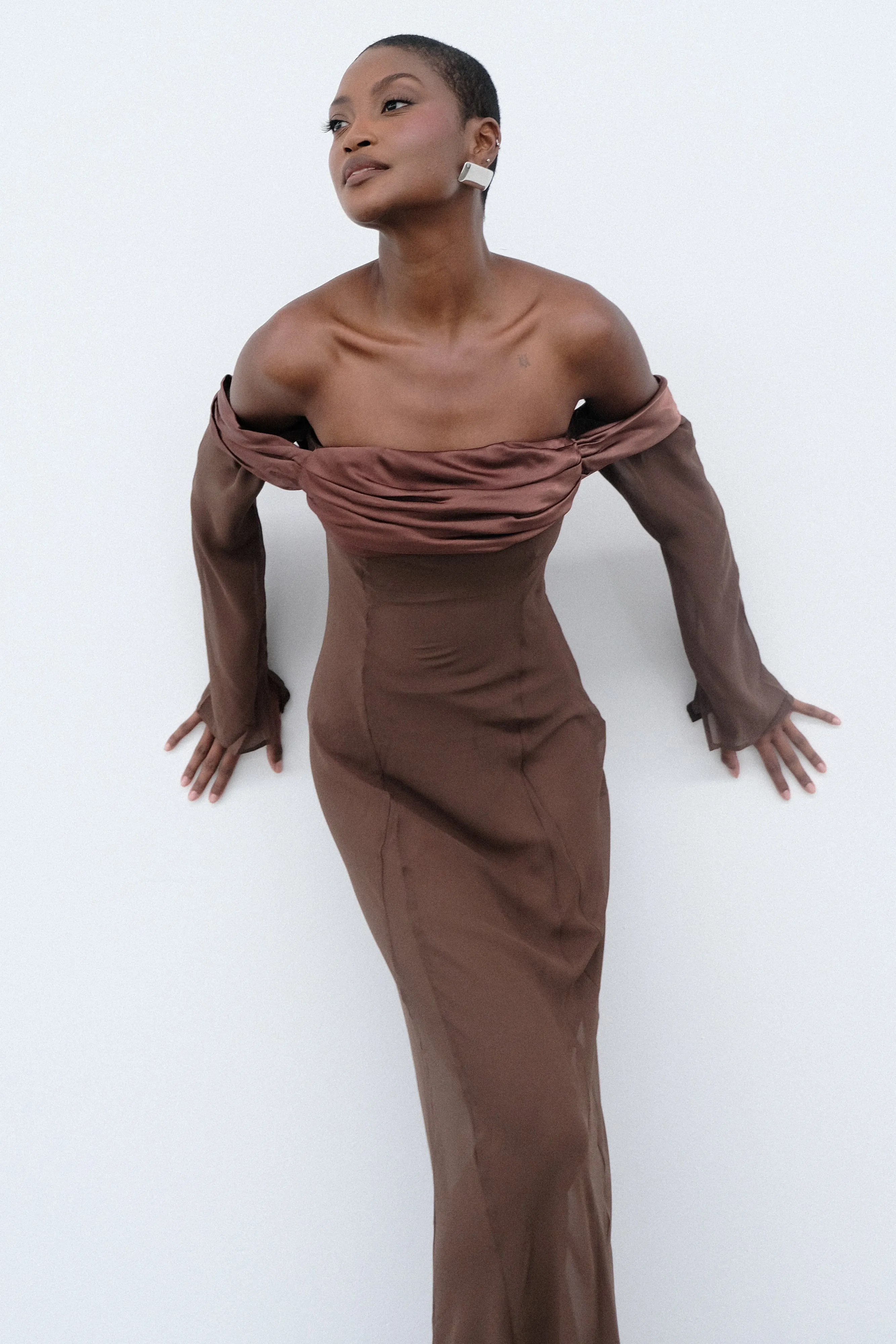 Ivanna Off Shoulder Chiffon Maxi Dress - Mocha sold by Meshki