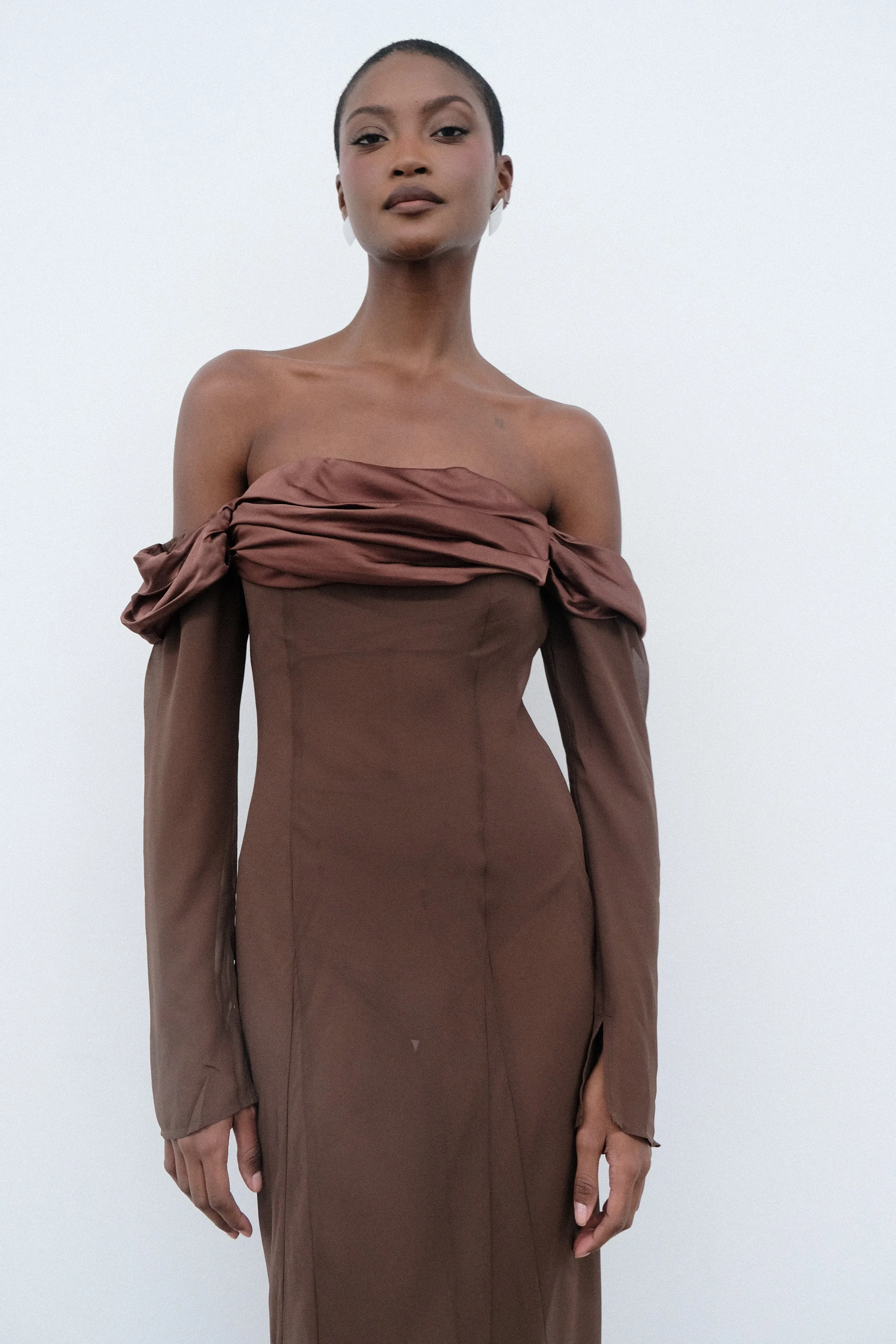 Ivanna Off Shoulder Chiffon Maxi Dress - Mocha sold by Meshki product image thumbnail 2