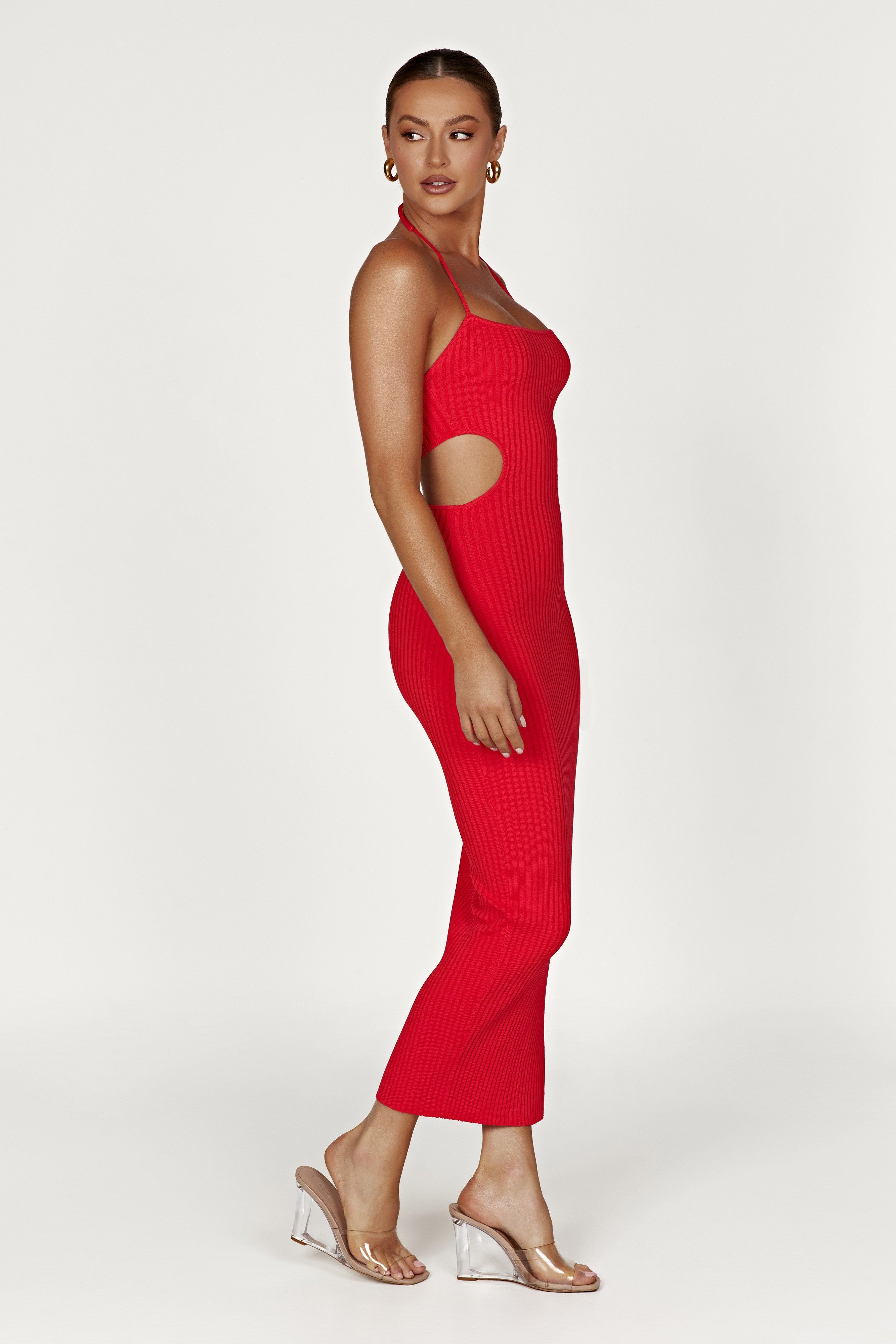 Morgan Halter Knit Midi Dress - Red | Parallel