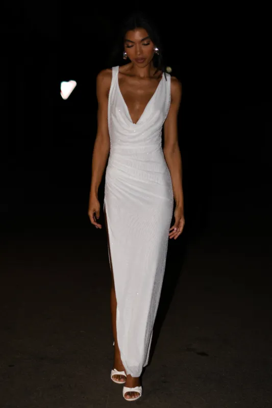 Laney Hot Fix Mesh Cowl Maxi Dress - White sold by Meshki