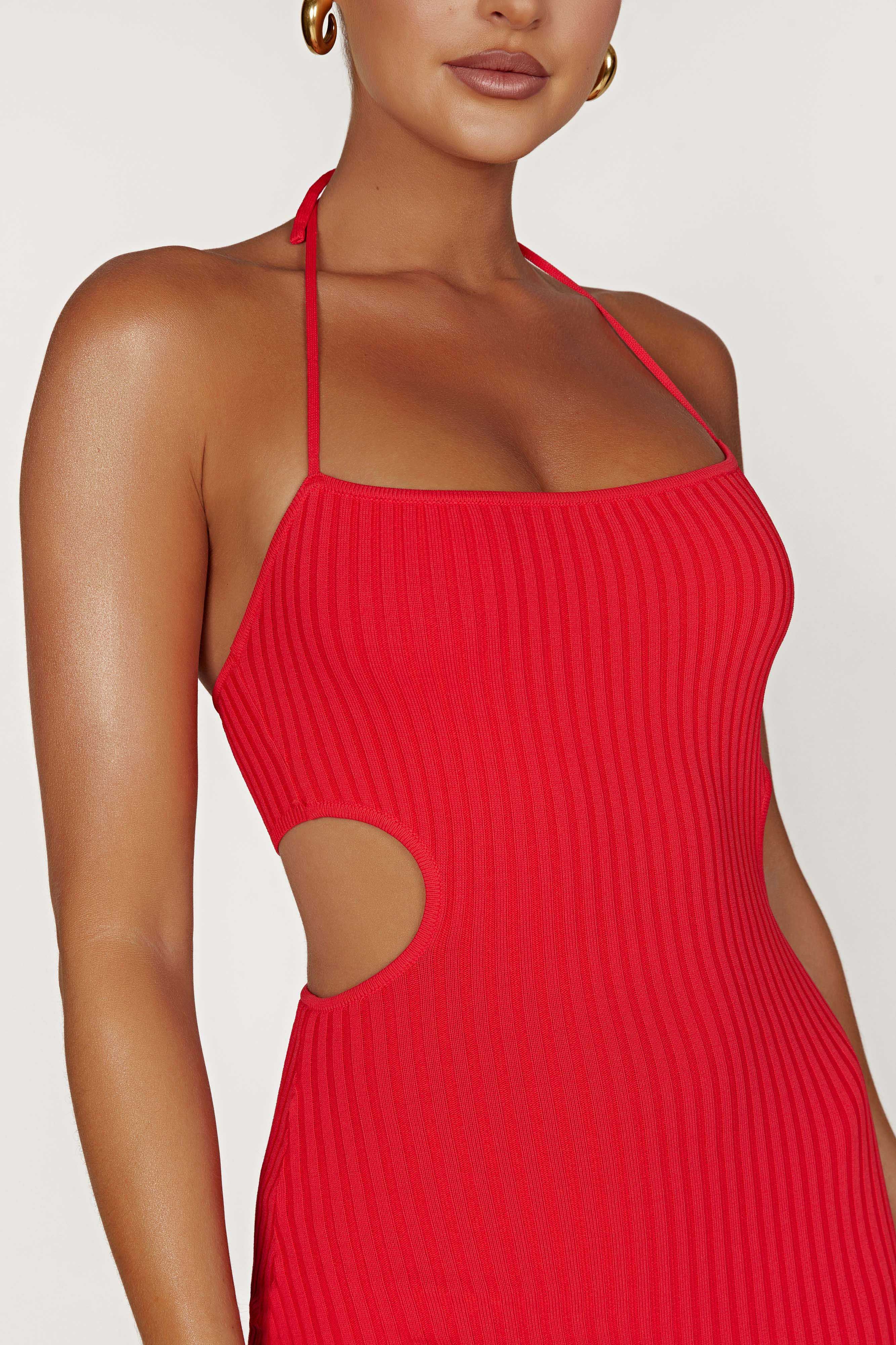 Morgan Halter Knit Midi Dress - Red | Parallel
