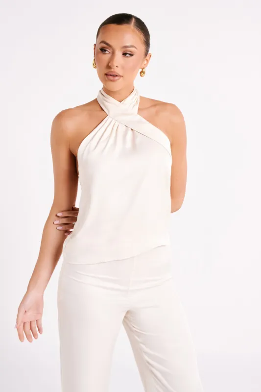 Elisa Satin Halter Top - Sand sold by Meshki