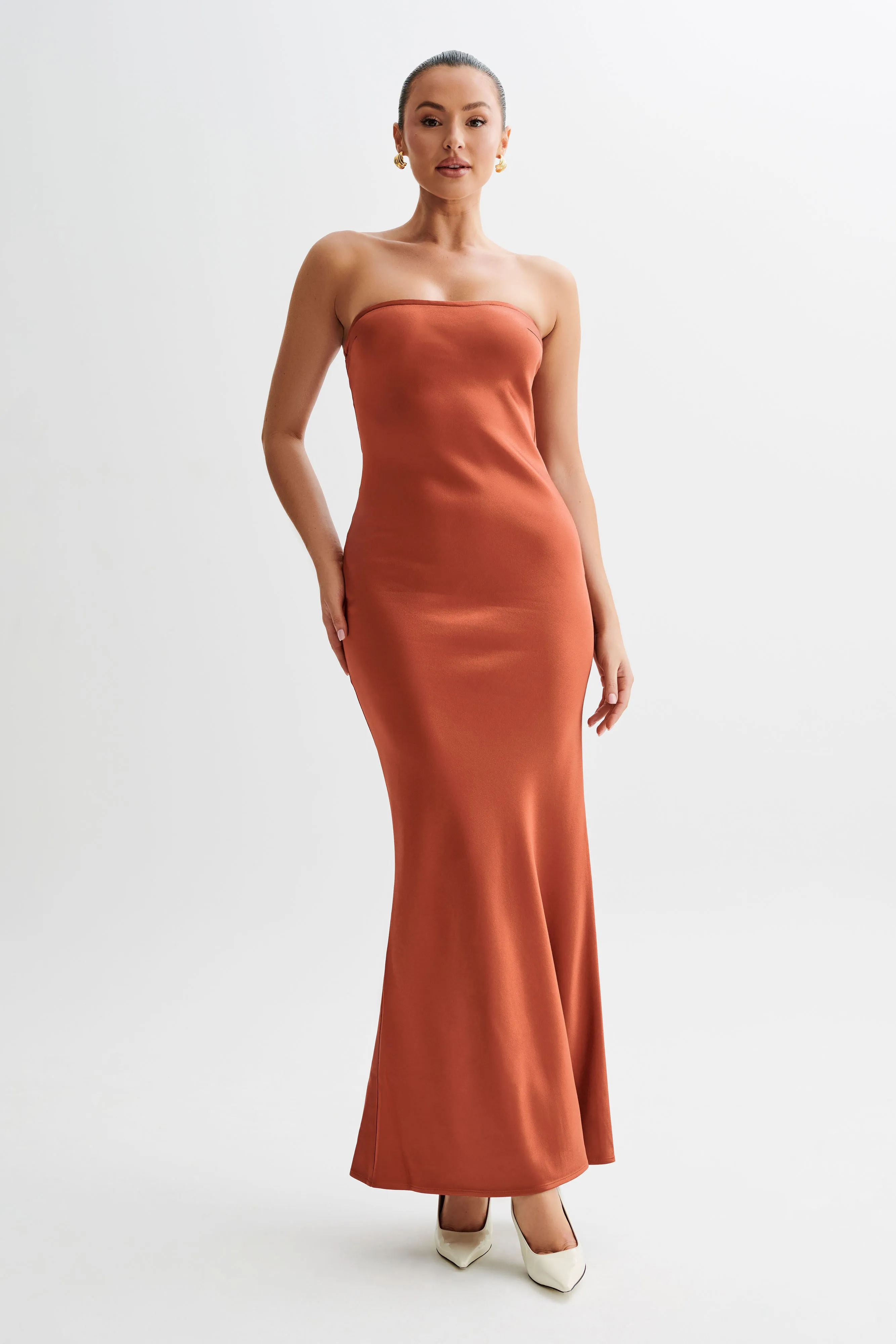 Claudette Strapless Satin Maxi Dress - Burnt Orange sold by Meshki product image thumbnail 4