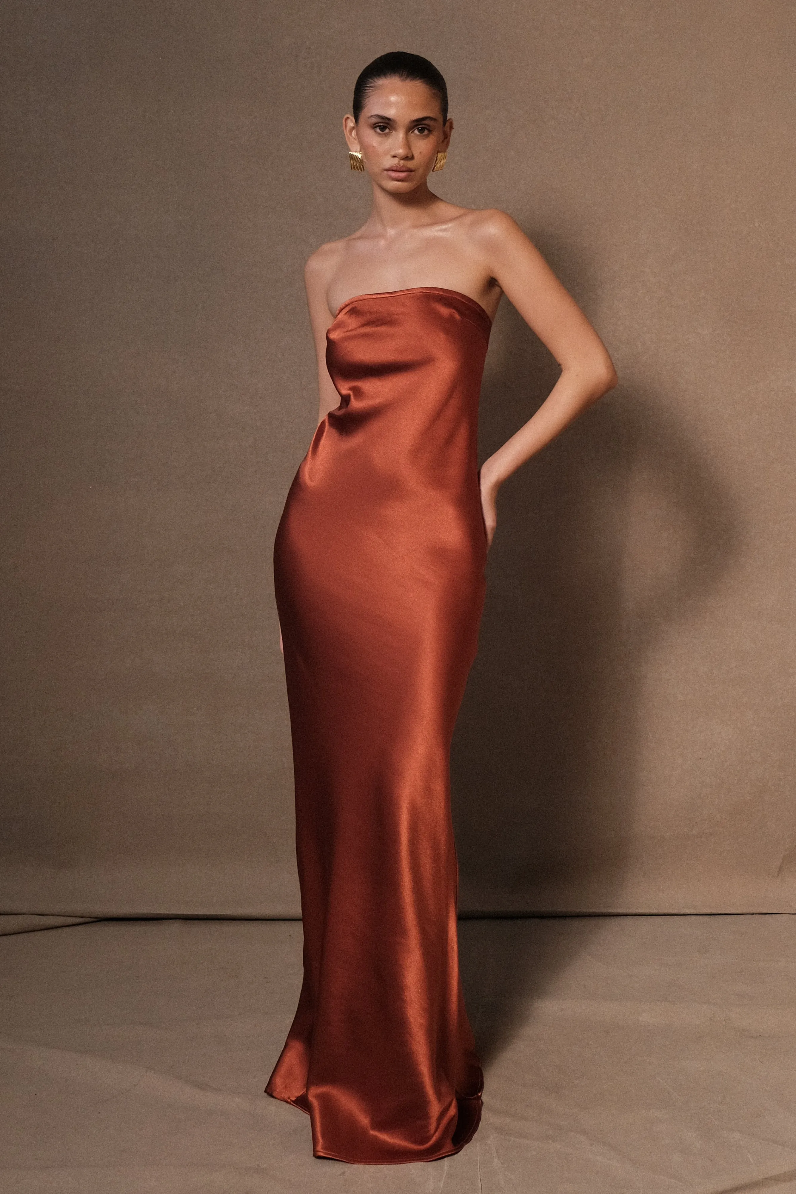 Claudette Strapless Satin Maxi Dress - Burnt Orange sold by Meshki