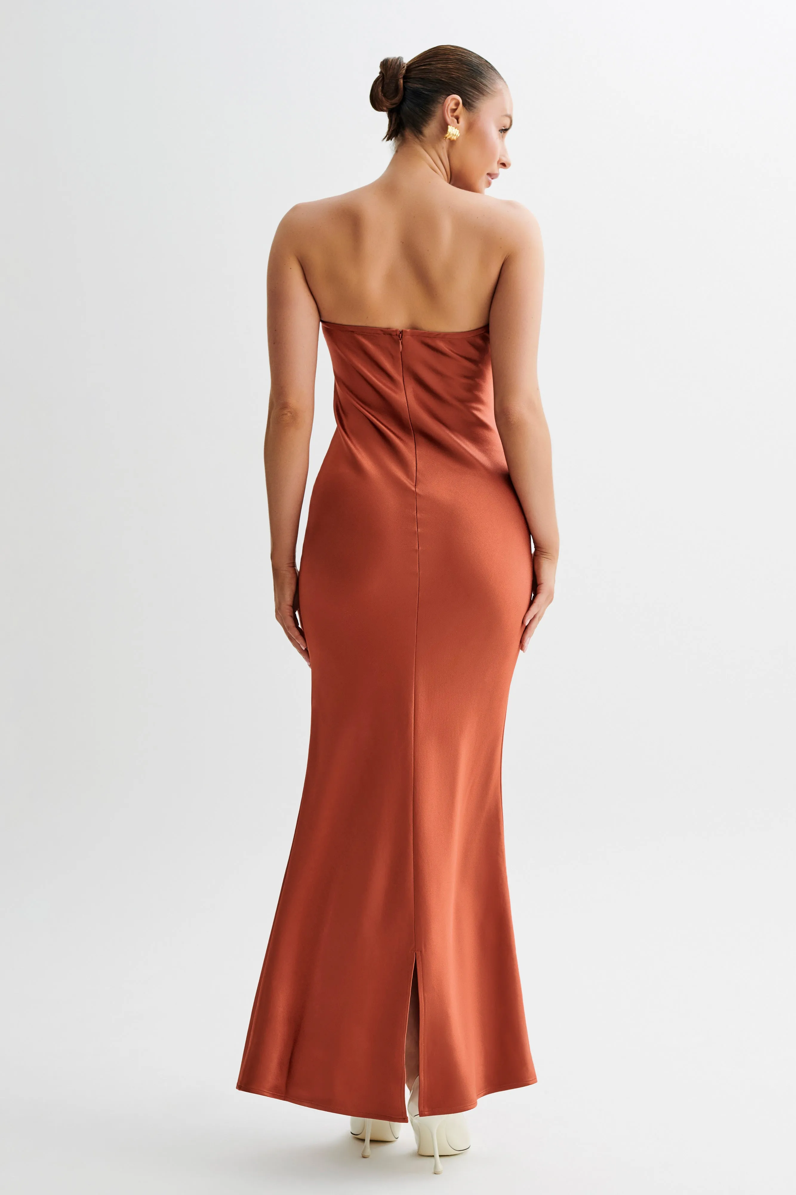 Claudette Strapless Satin Maxi Dress - Burnt Orange sold by Meshki product image thumbnail 2