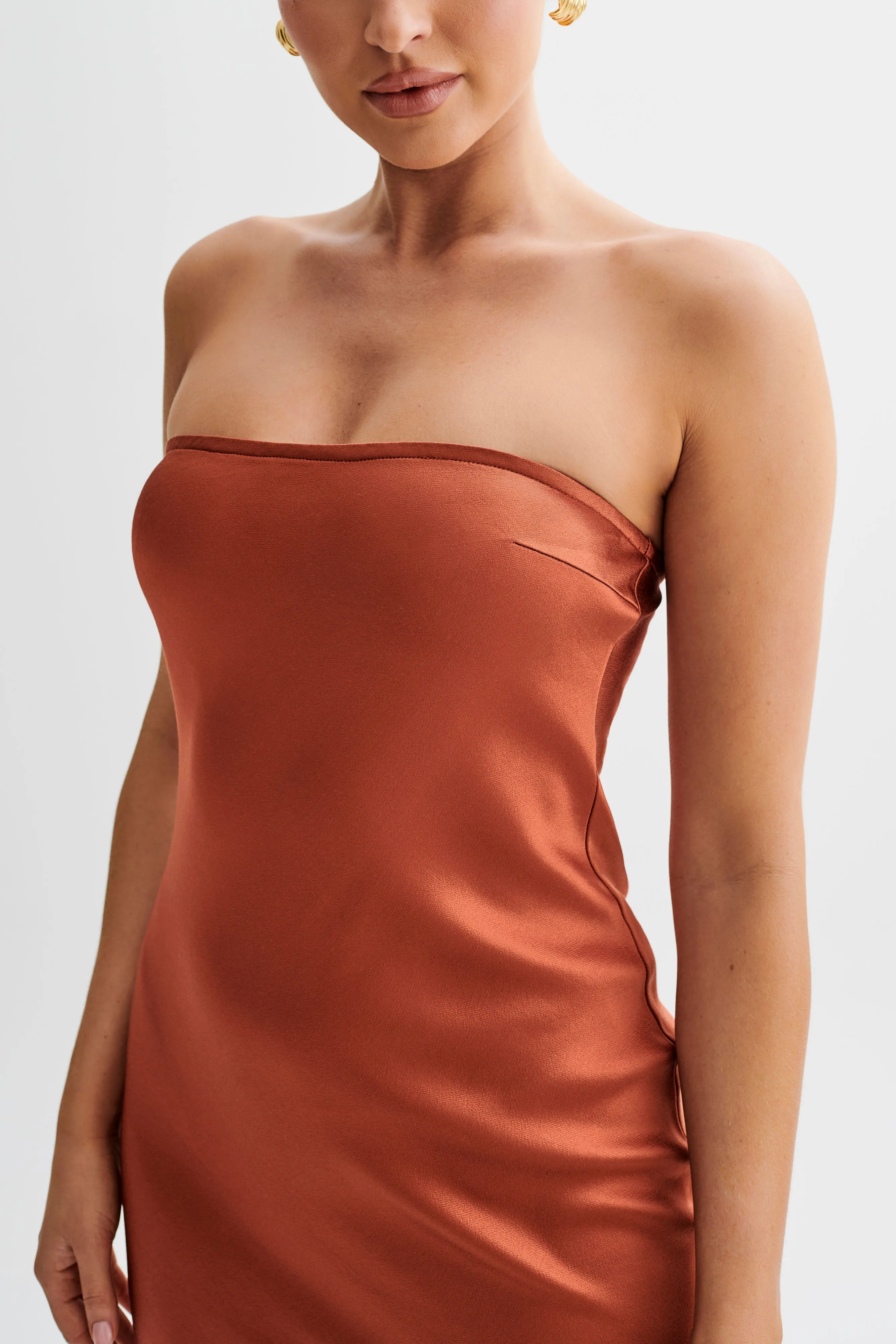 Claudette Strapless Satin Maxi Dress - Burnt Orange sold by Meshki product image thumbnail 3