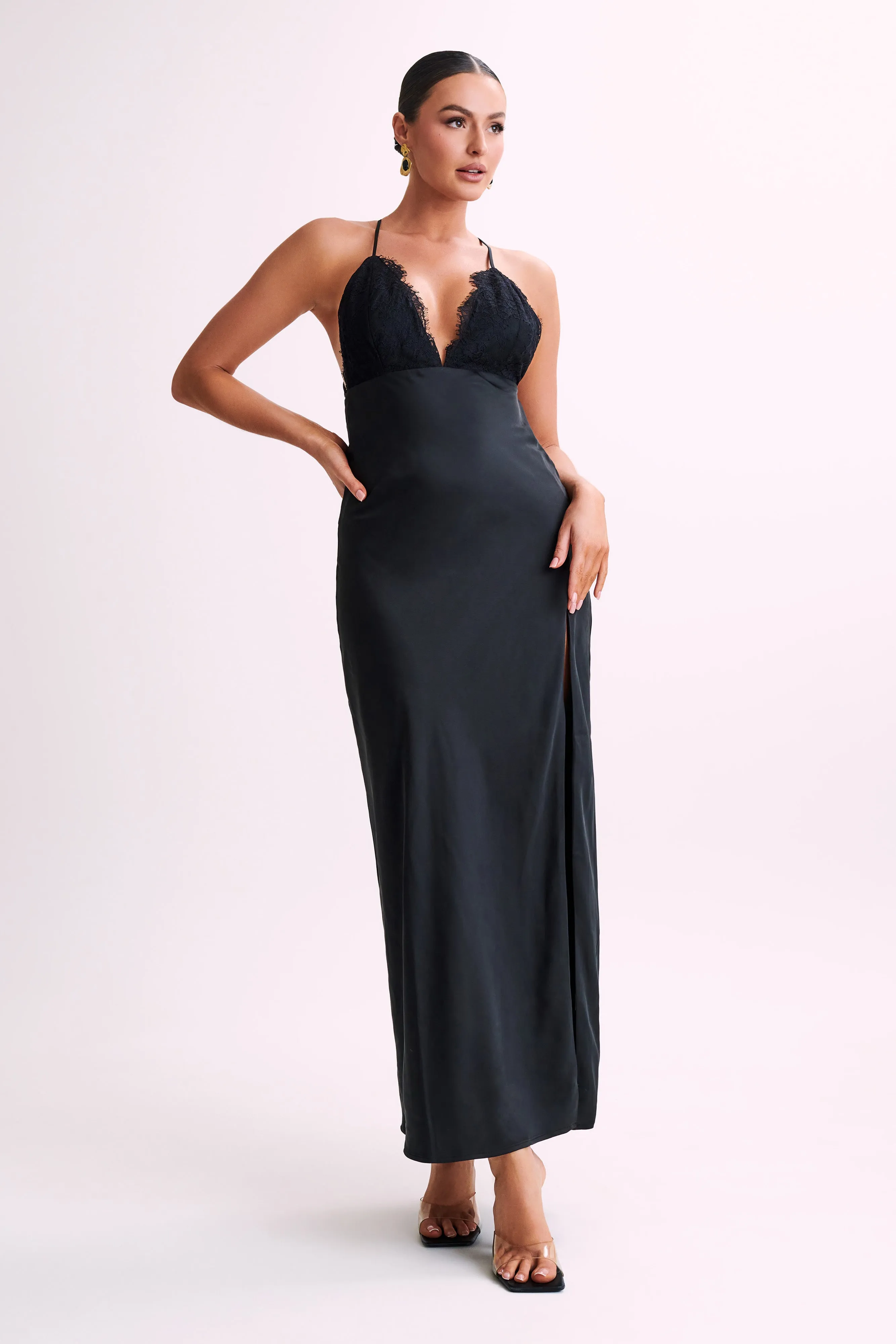 Gina Satin Slip Maxi Dress With Lace - Black sold by Meshki product image thumbnail 5