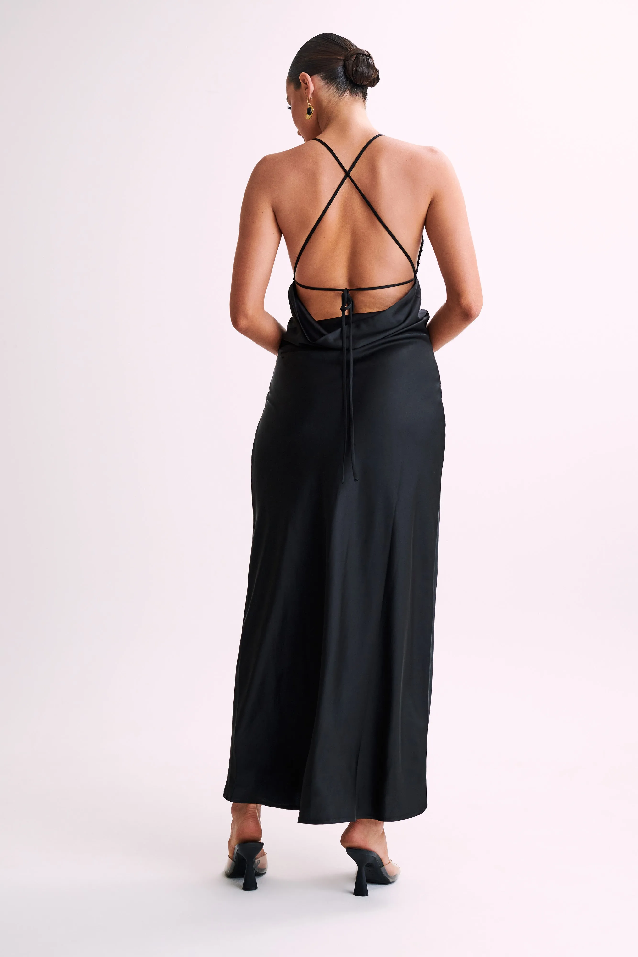 Gina Satin Slip Maxi Dress With Lace - Black sold by Meshki product image thumbnail 3