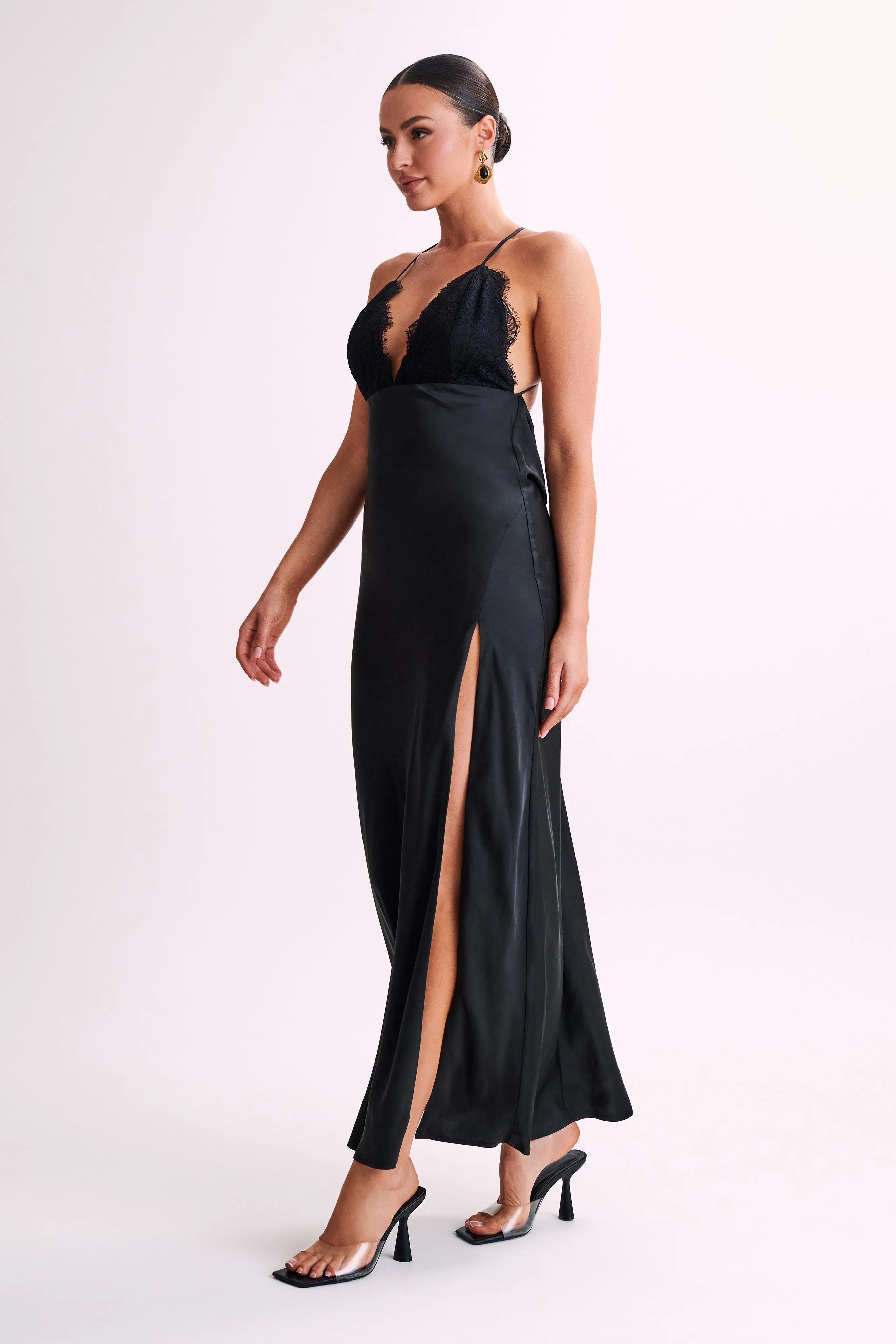 Gina Satin Slip Maxi Dress With Lace - Black sold by Meshki product image thumbnail 4