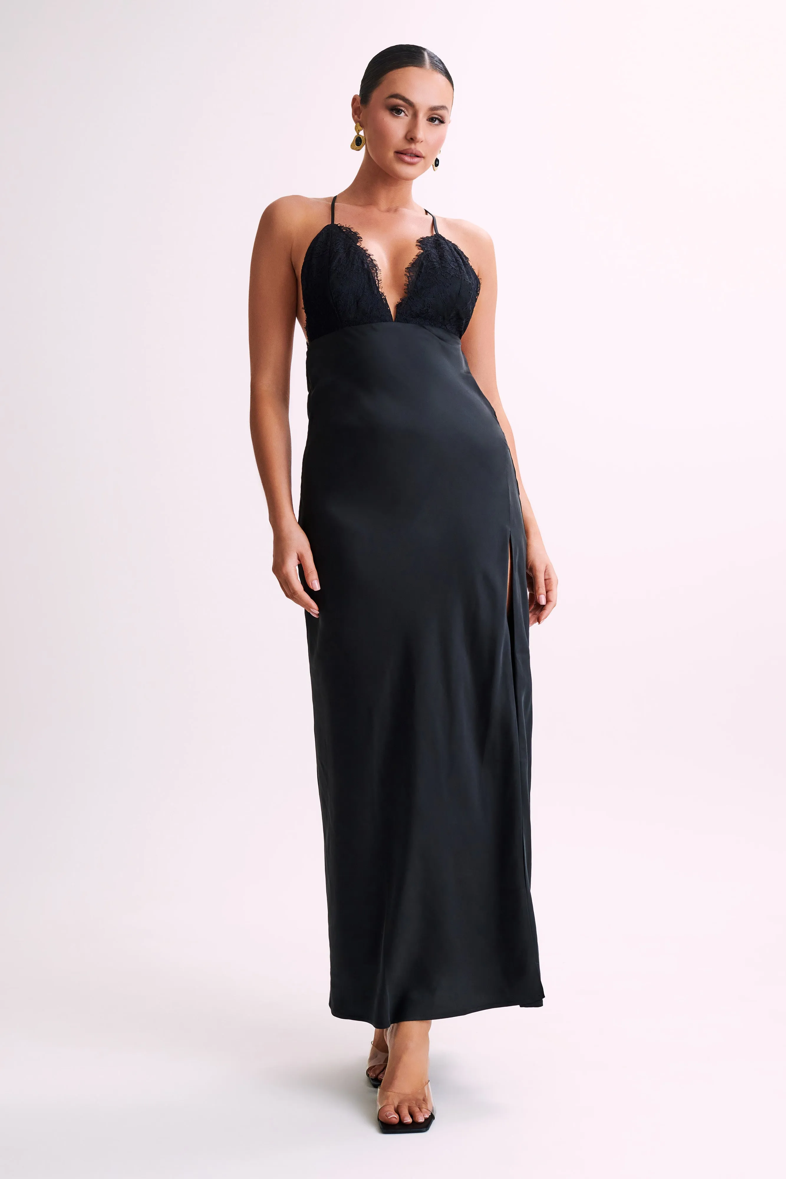 Gina Satin Slip Maxi Dress With Lace - Black sold by Meshki
