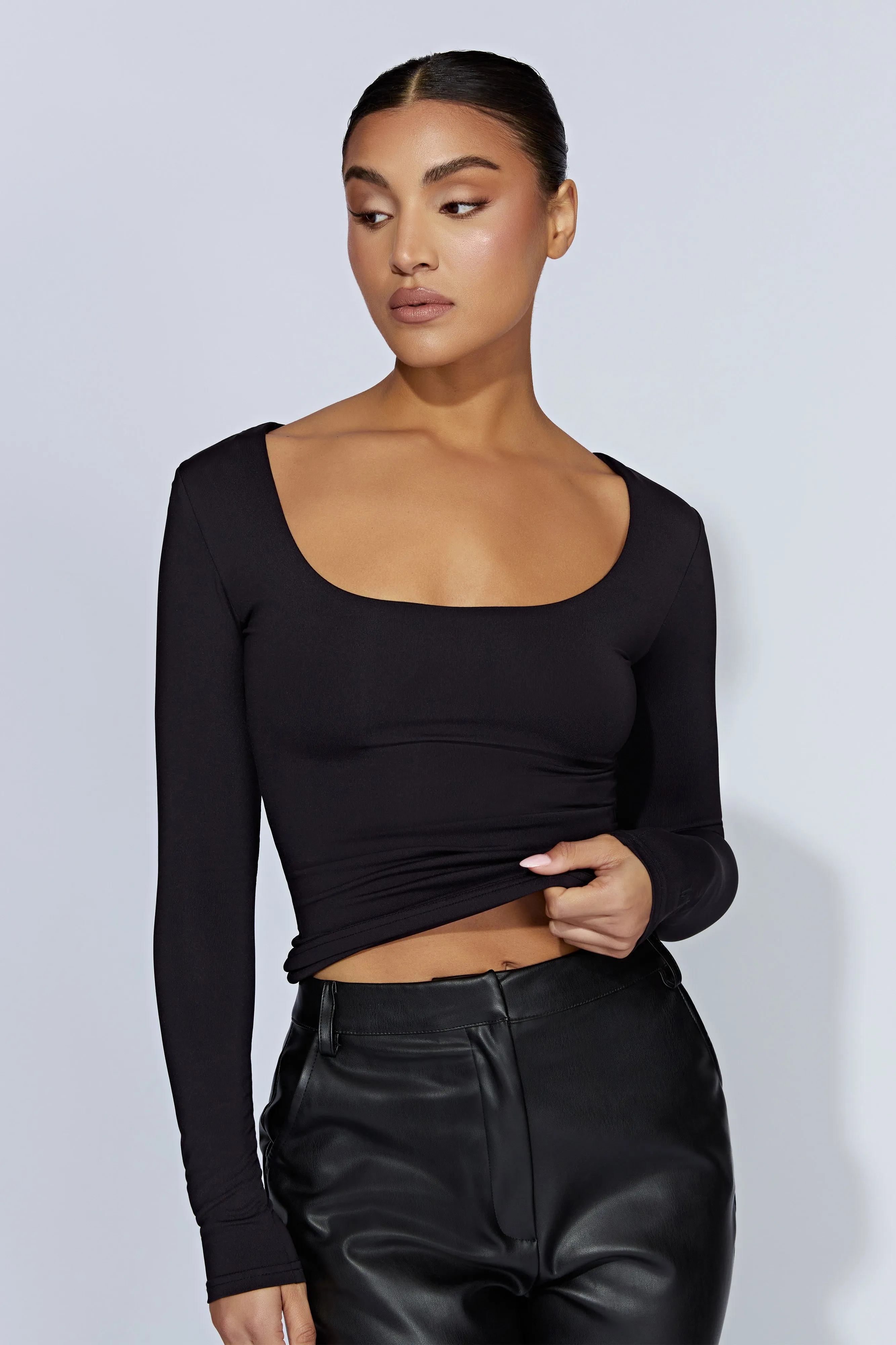 Heather Scooped Long Sleeve Top - Black sold by Meshki