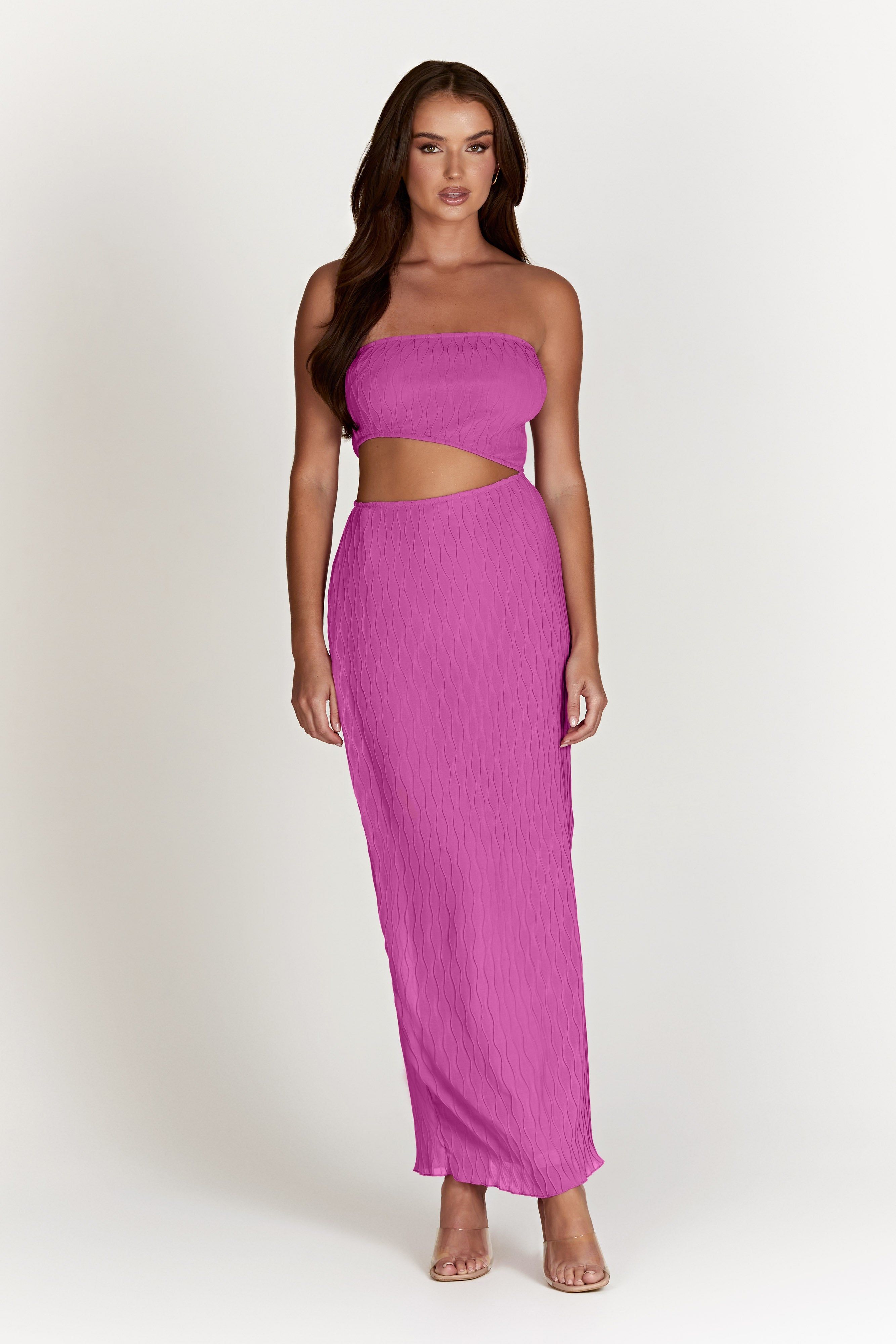 Christine Wave Pleat Maxi Dress With Cut Out - Rose Pink sold by Meshki