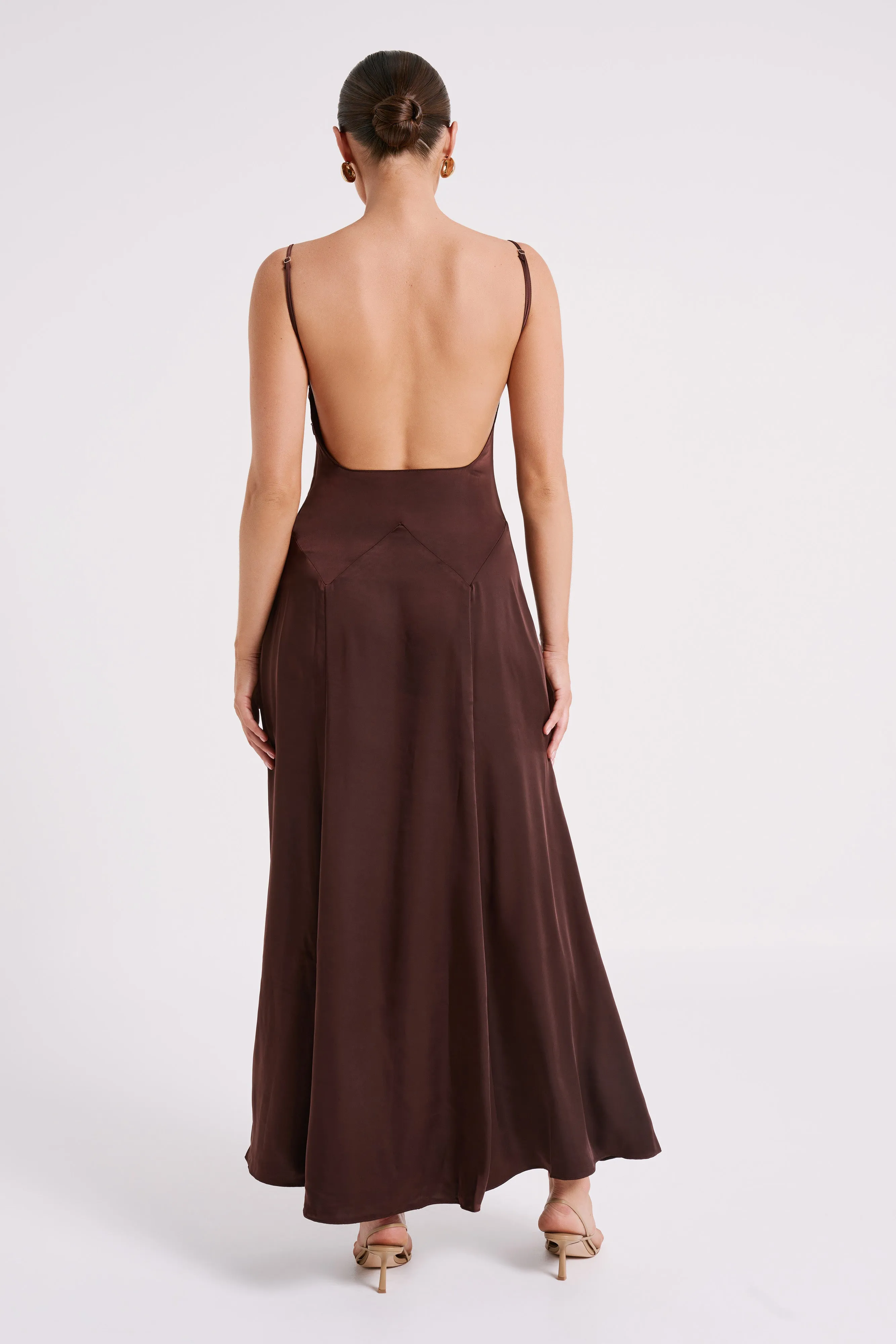 Kamala Low Back Satin Maxi Dress - Dark Chocolate sold by Meshki product image thumbnail 3