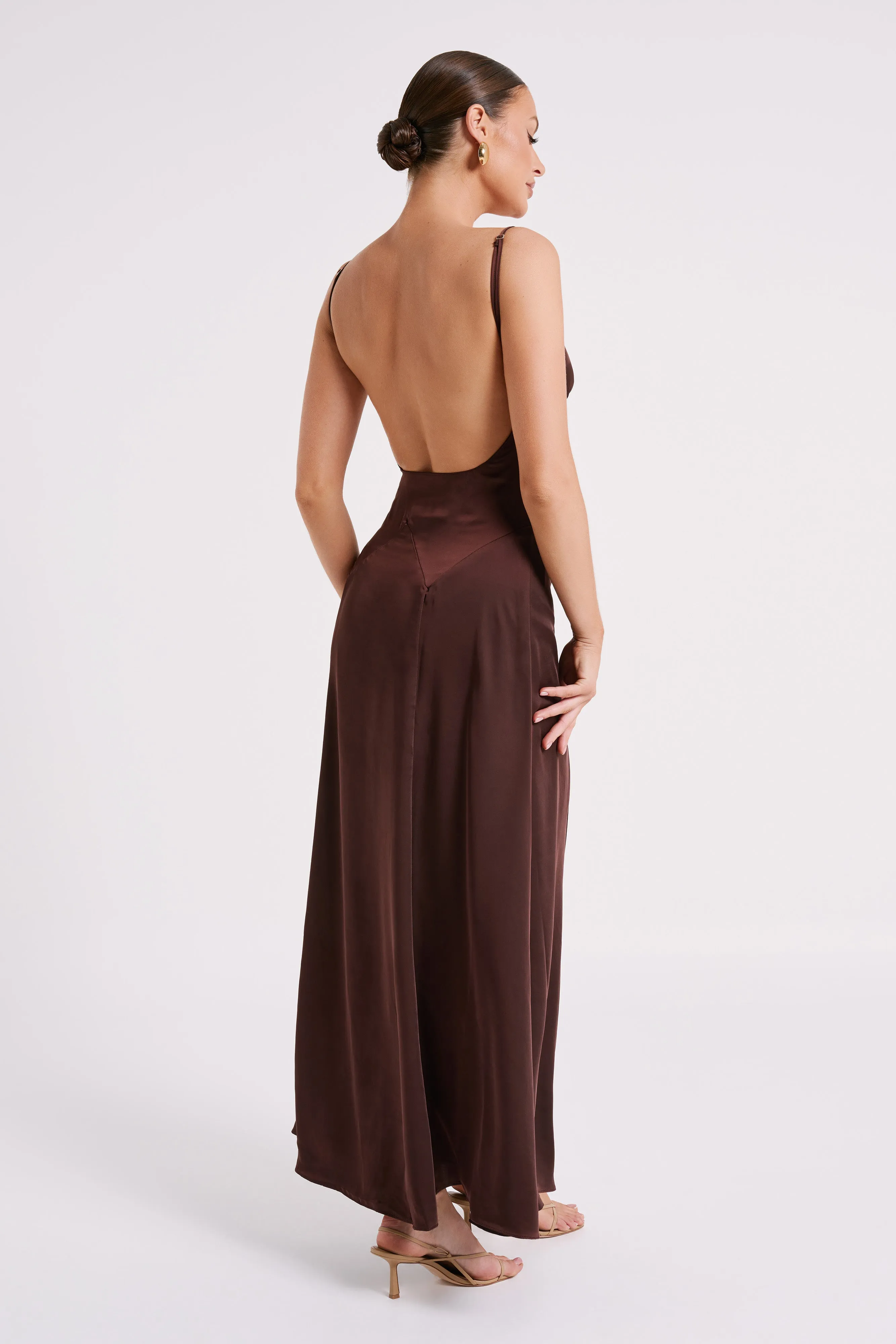 Kamala Low Back Satin Maxi Dress - Dark Chocolate sold by Meshki product image thumbnail 4