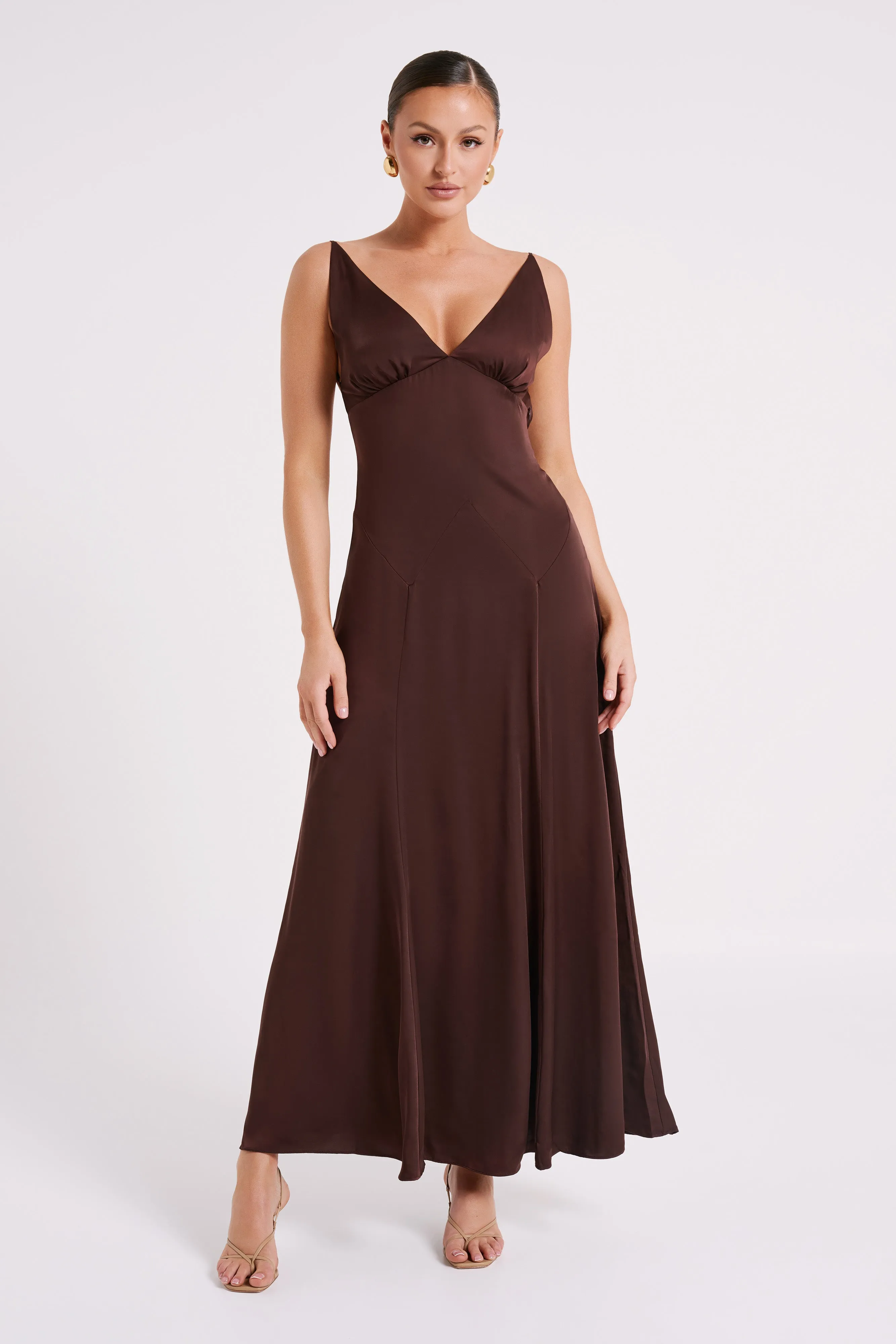 Kamala Low Back Satin Maxi Dress - Dark Chocolate sold by Meshki