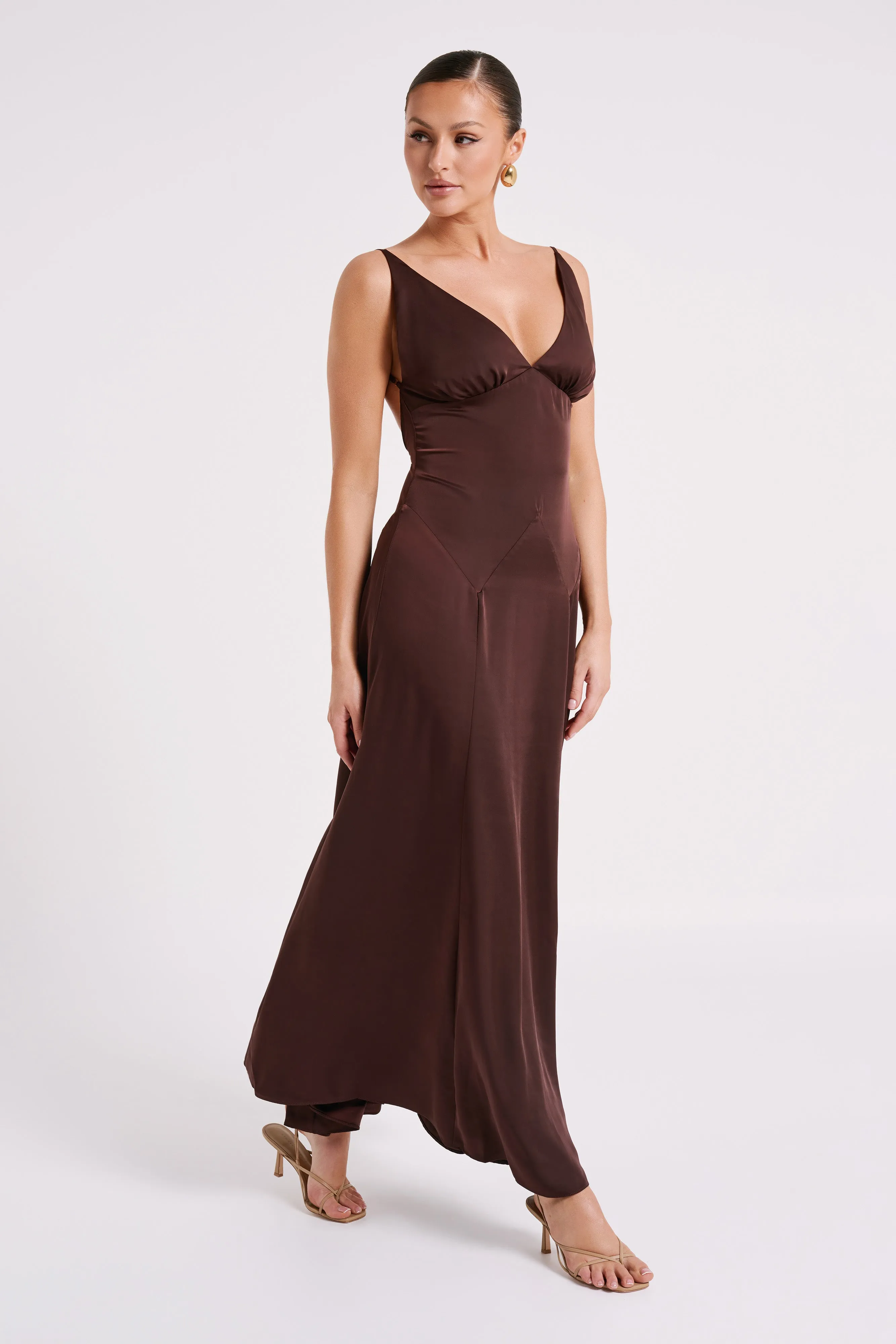 Kamala Low Back Satin Maxi Dress - Dark Chocolate sold by Meshki product image thumbnail 5