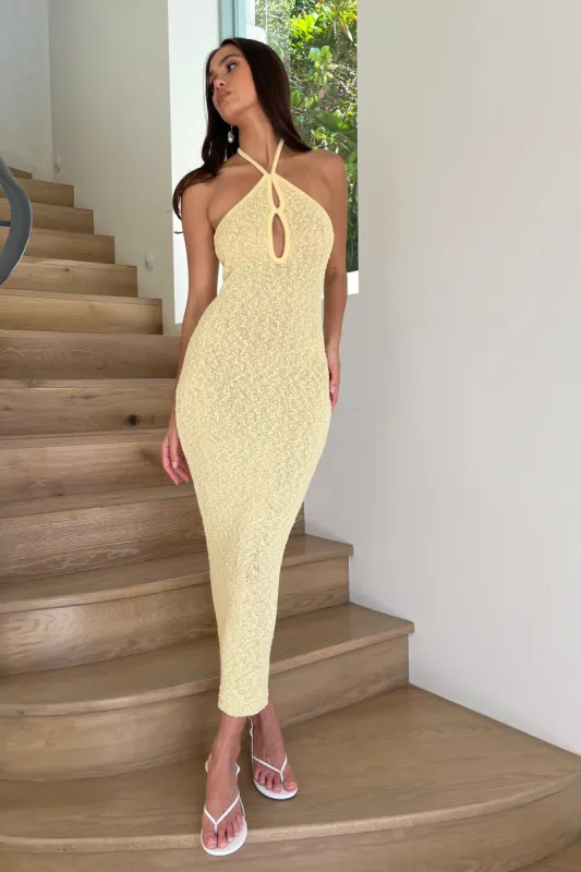 Kahali Boucle Halter Midi Dress - Butter sold by Meshki