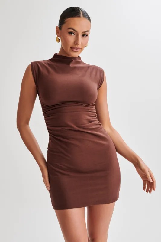 Melania High Neck Mini Dress - Mocha sold by Meshki