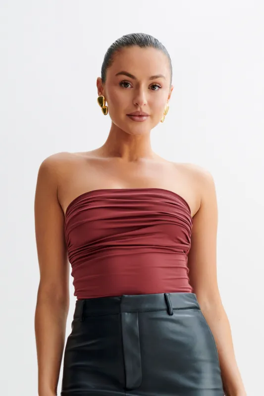 Romina Recycled Nylon Ruched Bodysuit - Wine sold by Meshki