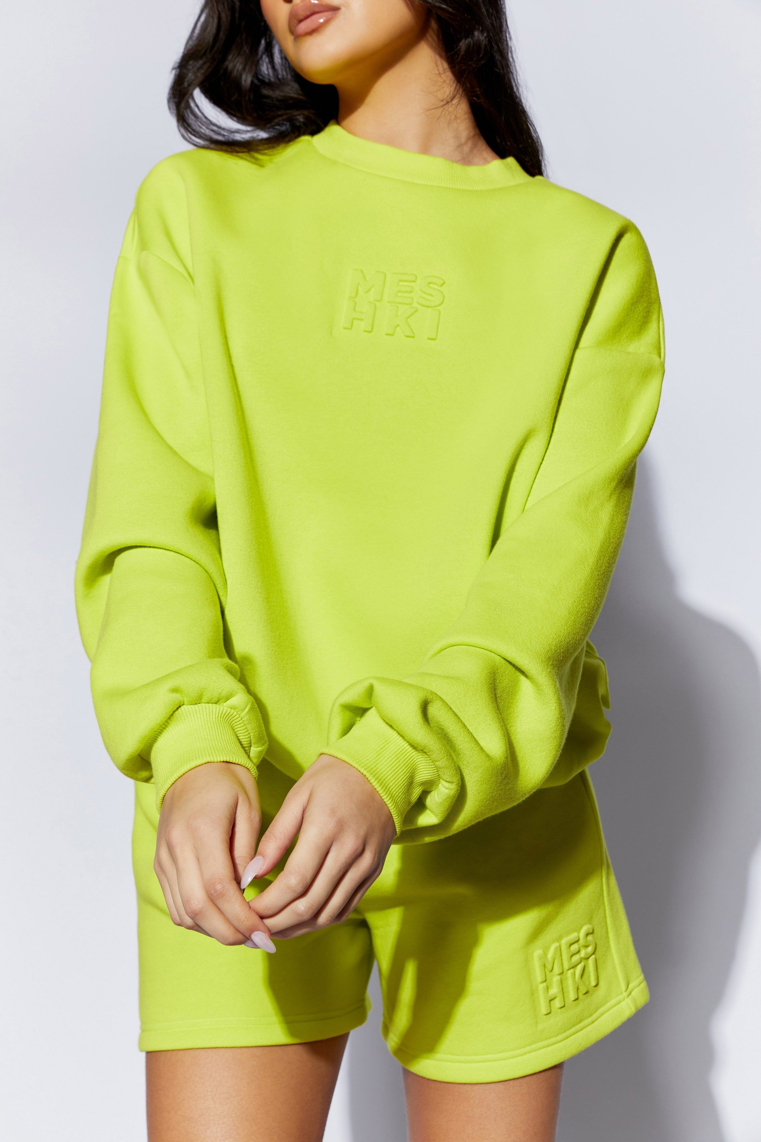 Sutton Embossed Fleeceback Crewneck - Lime Green sold by Meshki