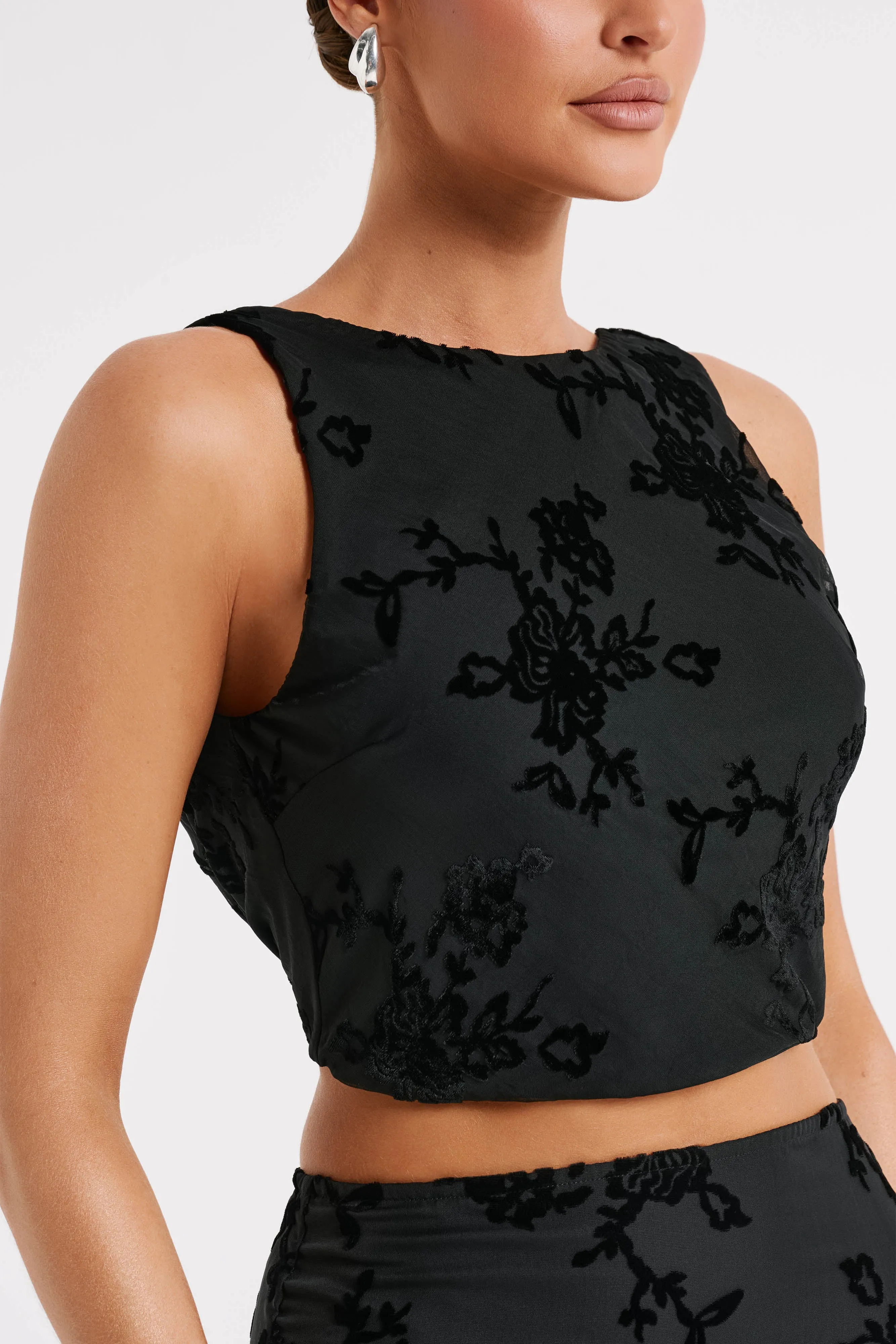 Mona Burnout Velvet Cowl Back Top - Black sold by Meshki product image thumbnail 2