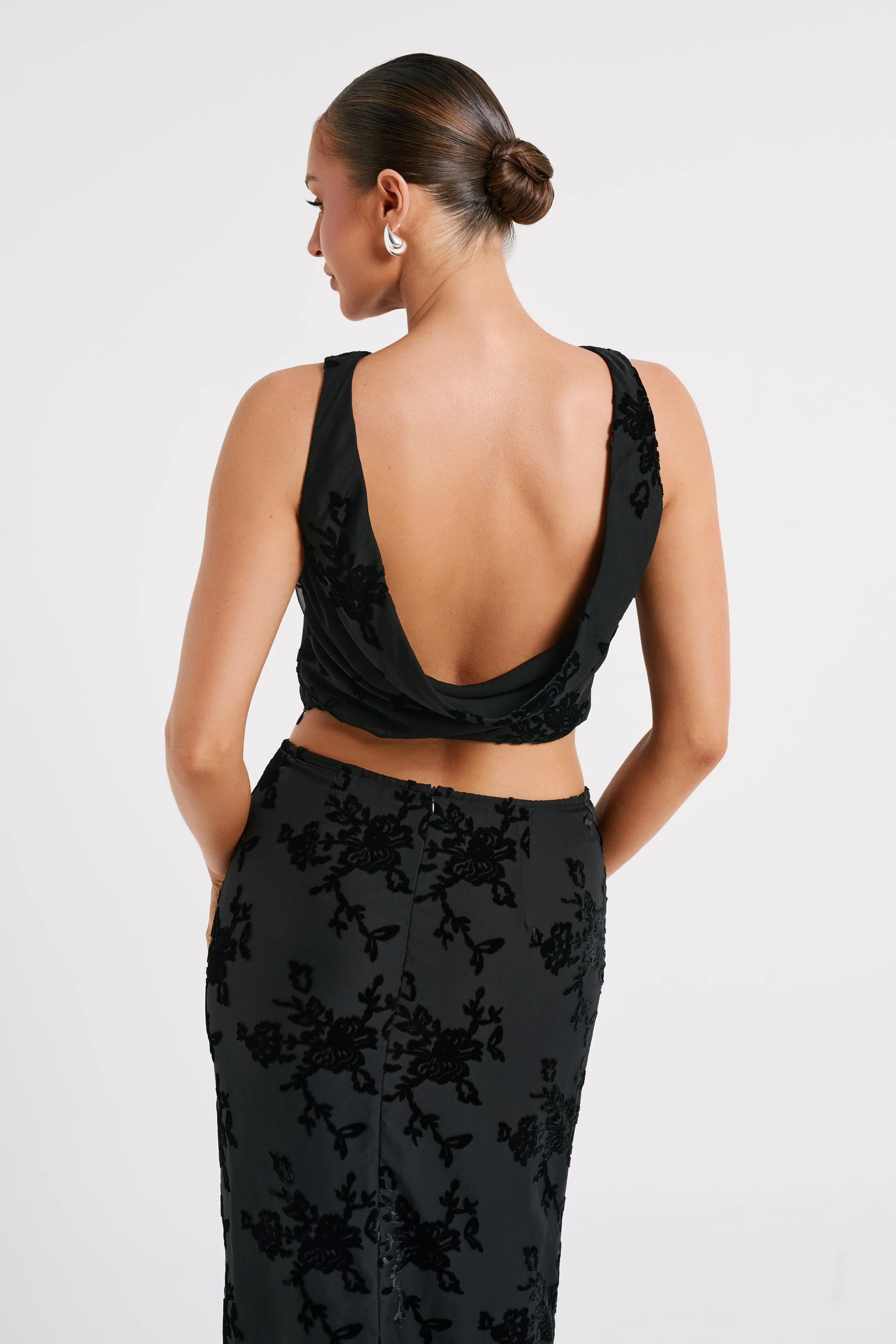 Mona Burnout Velvet Cowl Back Top - Black sold by Meshki product image thumbnail 3
