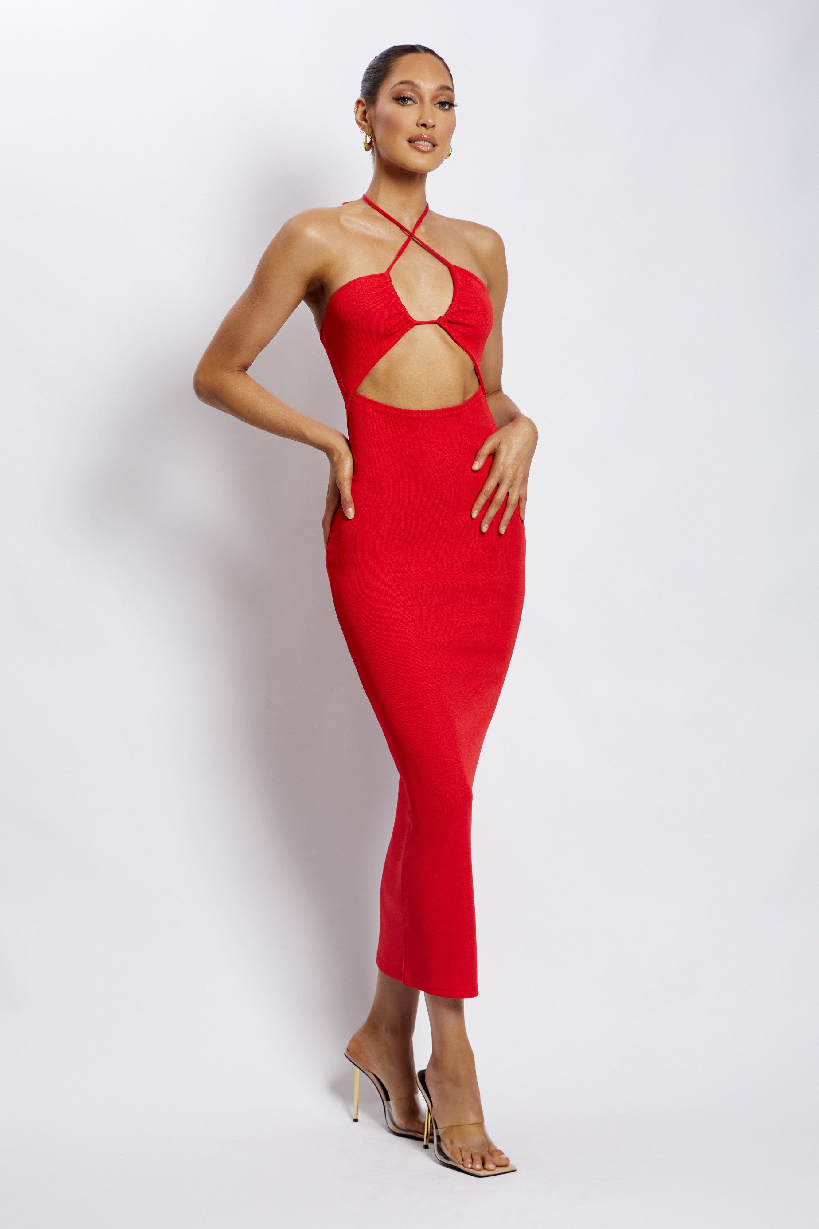 Maddie Ribbed Drawstring Maxi Dress - Red sold by Meshki