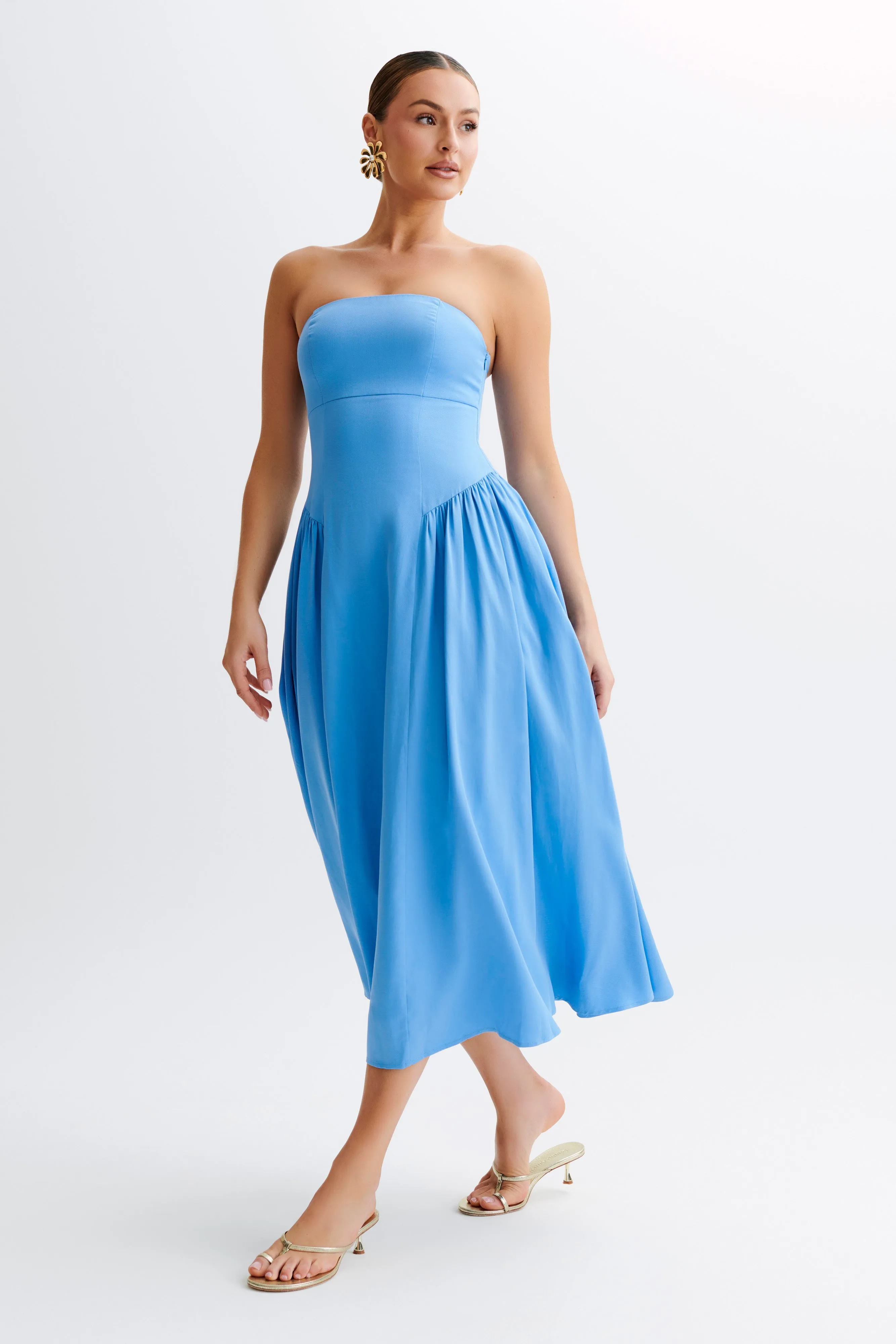 Carmele Cotton Gathered Midi Dress - Iris Blue sold by Meshki product image thumbnail 4