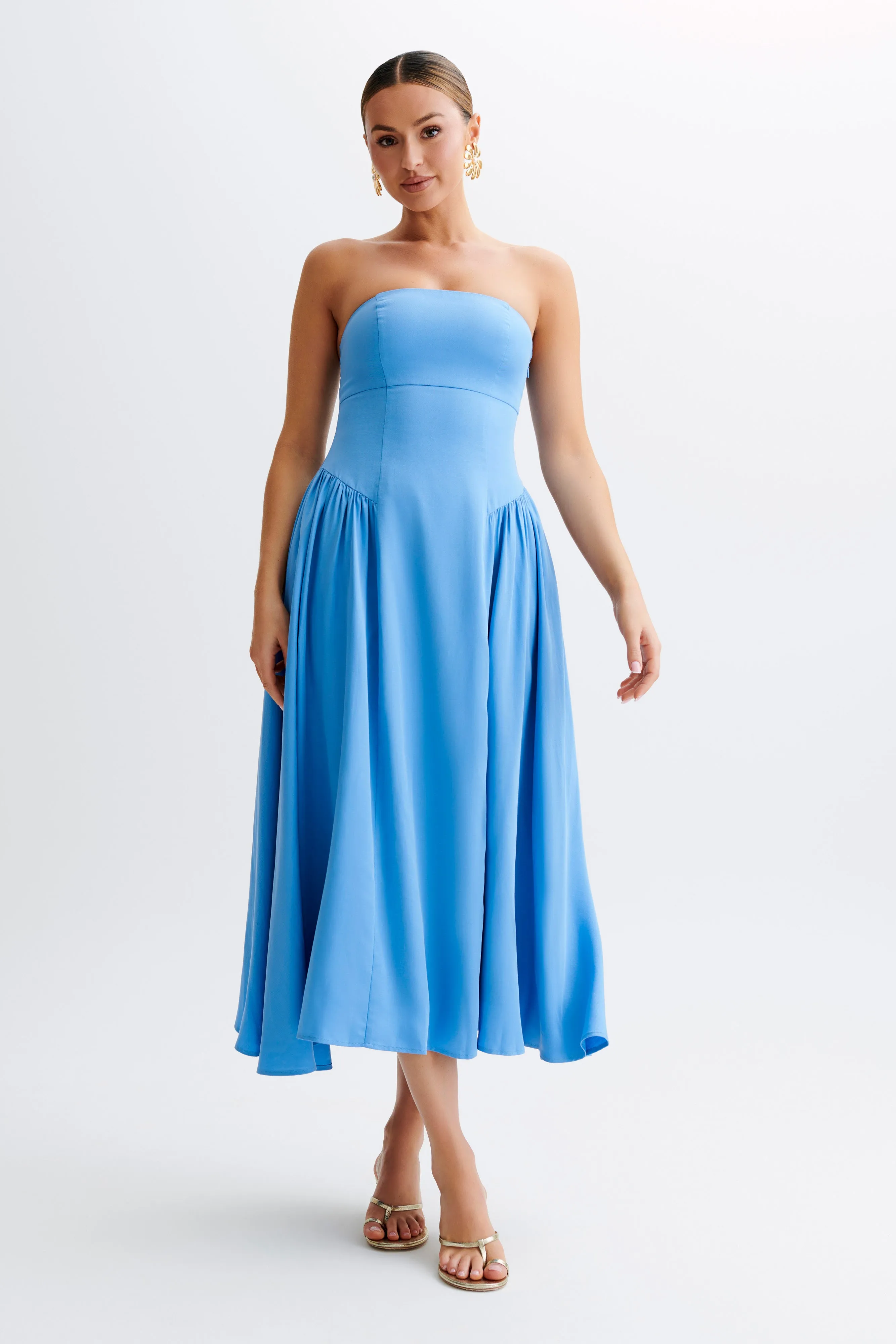 Carmele Cotton Gathered Midi Dress - Iris Blue sold by Meshki