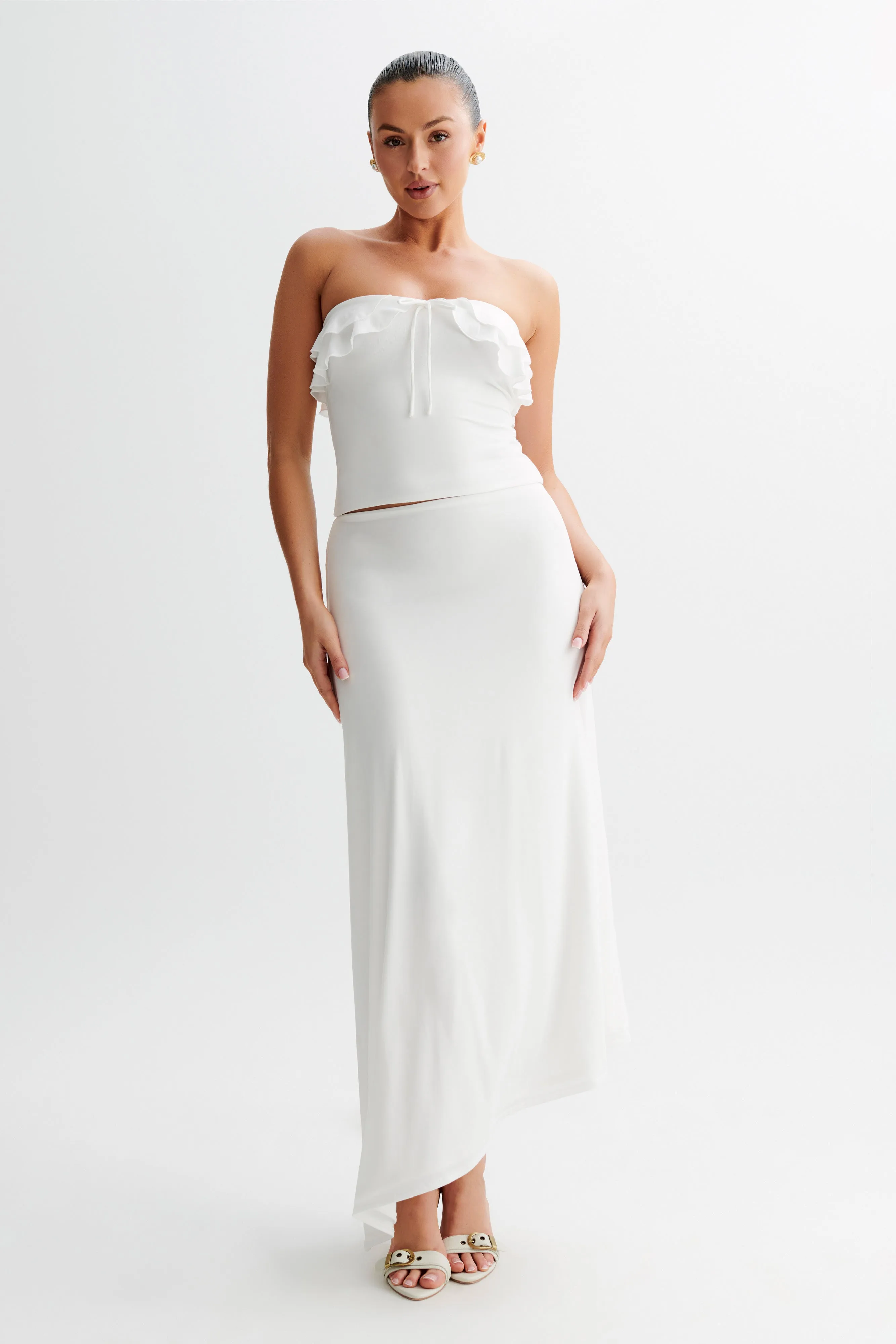 Bea Asymmetrical Slinky Maxi Skirt - White sold by Meshki product image thumbnail 3