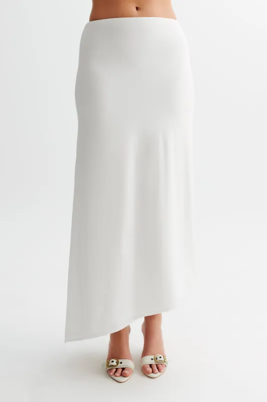 Bea Asymmetrical Slinky Maxi Skirt - White sold by Meshki