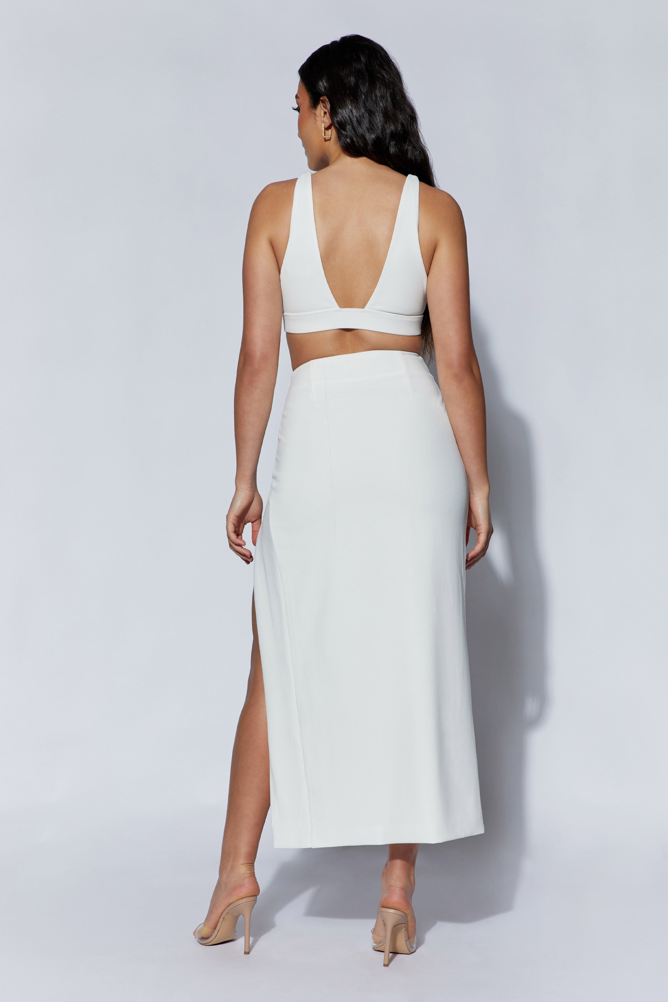 Arla High Waist Thigh Split Crepe Maxi Skirt - White sold by Meshki product image thumbnail 2