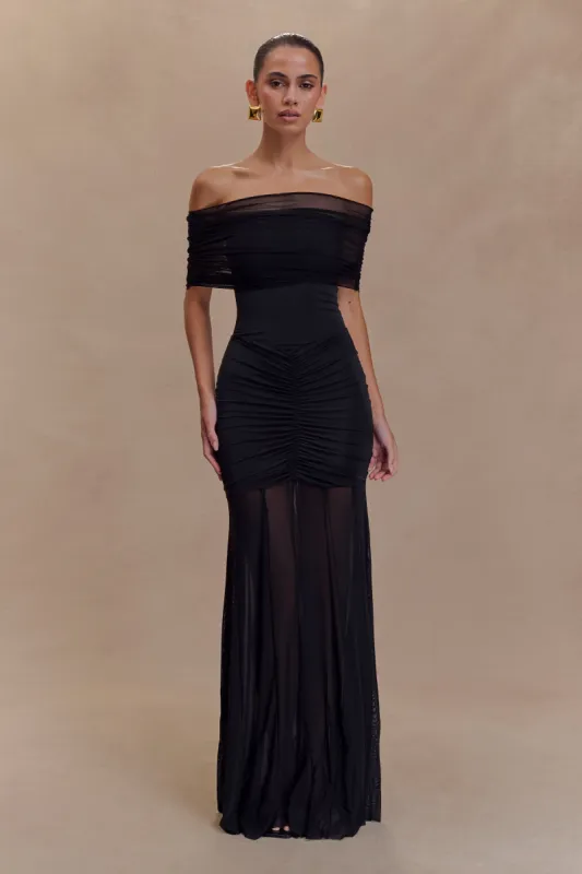 Caspian Slinky And Mesh Off Shoulder Maxi Dress - Black sold by Meshki