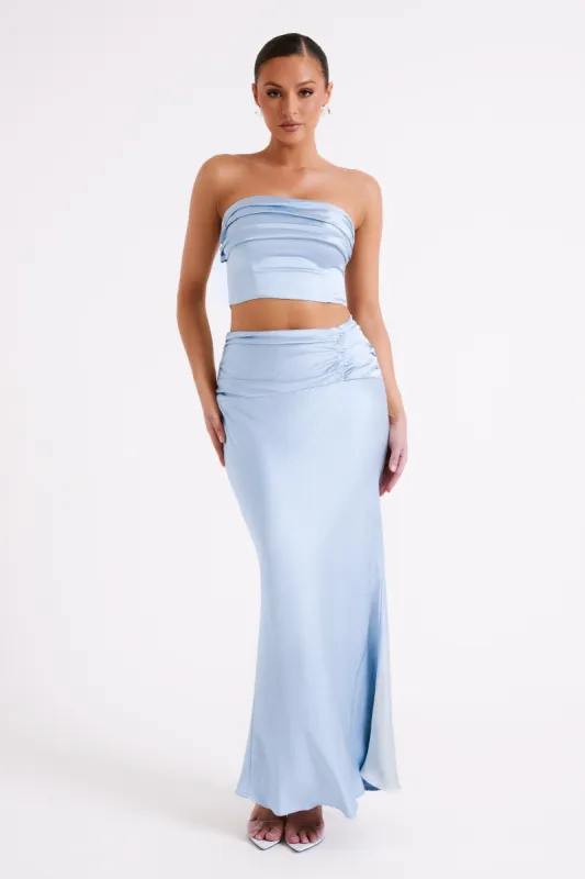 Khalani Ruched Satin Maxi Skirt - Ice Blue made by Meshki