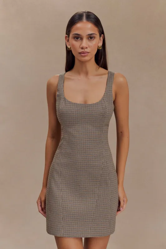 Beth Mini Dress - Tan Check sold by Meshki