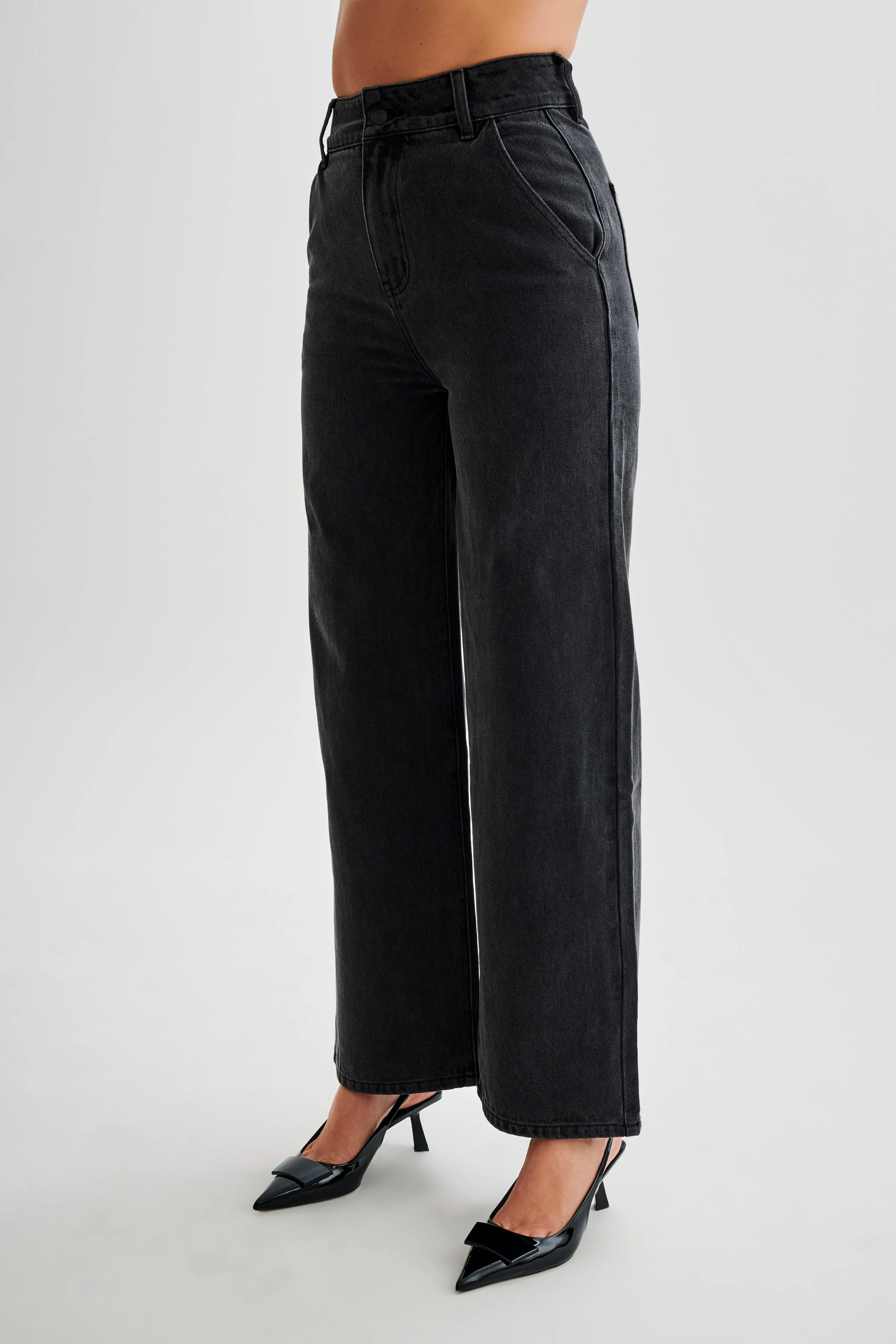 Roxy Wide Leg High Waist Denim Jeans - Washed Black sold by Meshki
