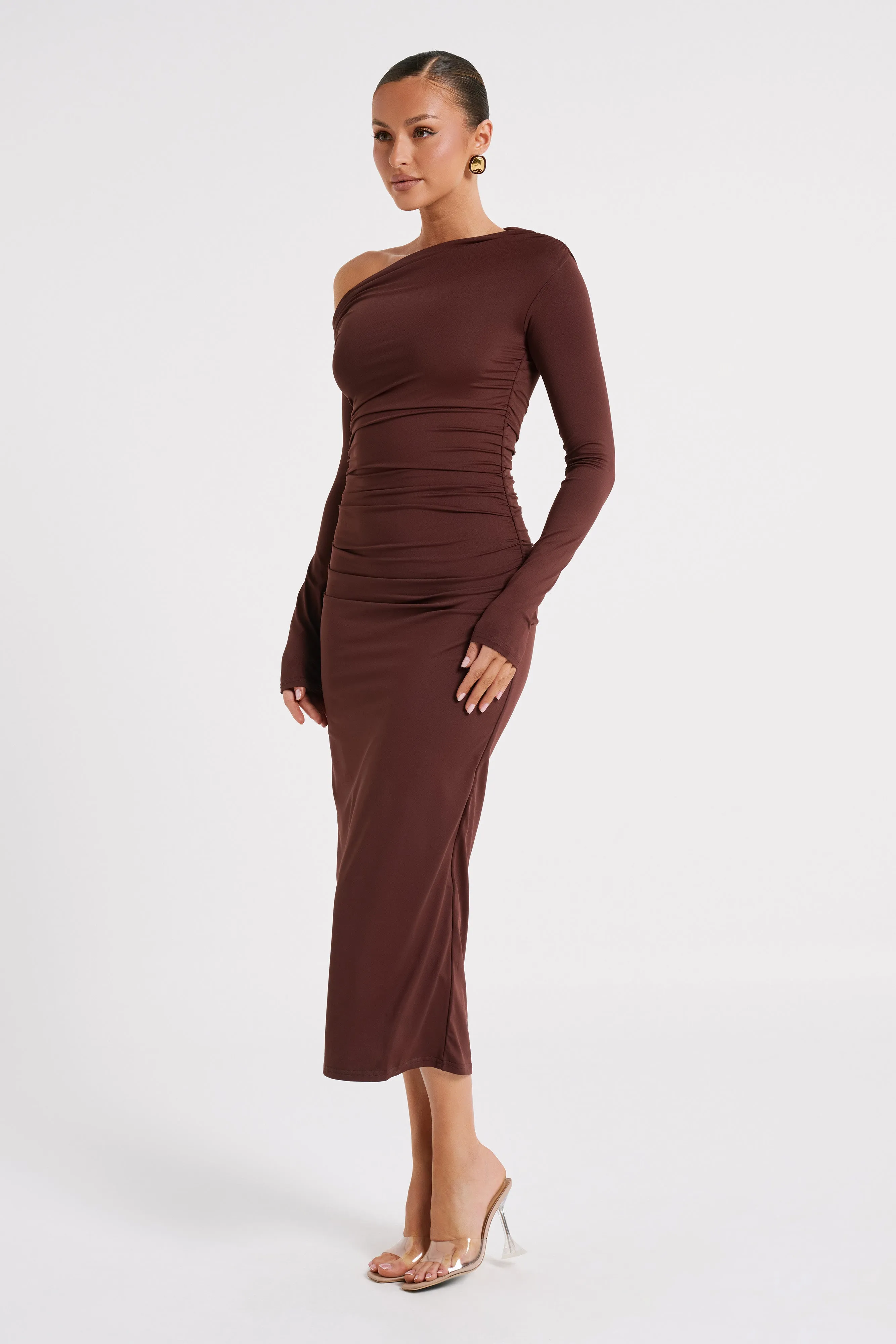 Christabel Recycled Nylon Ruched Midi Dress - Chocolate sold by Meshki product image thumbnail 5
