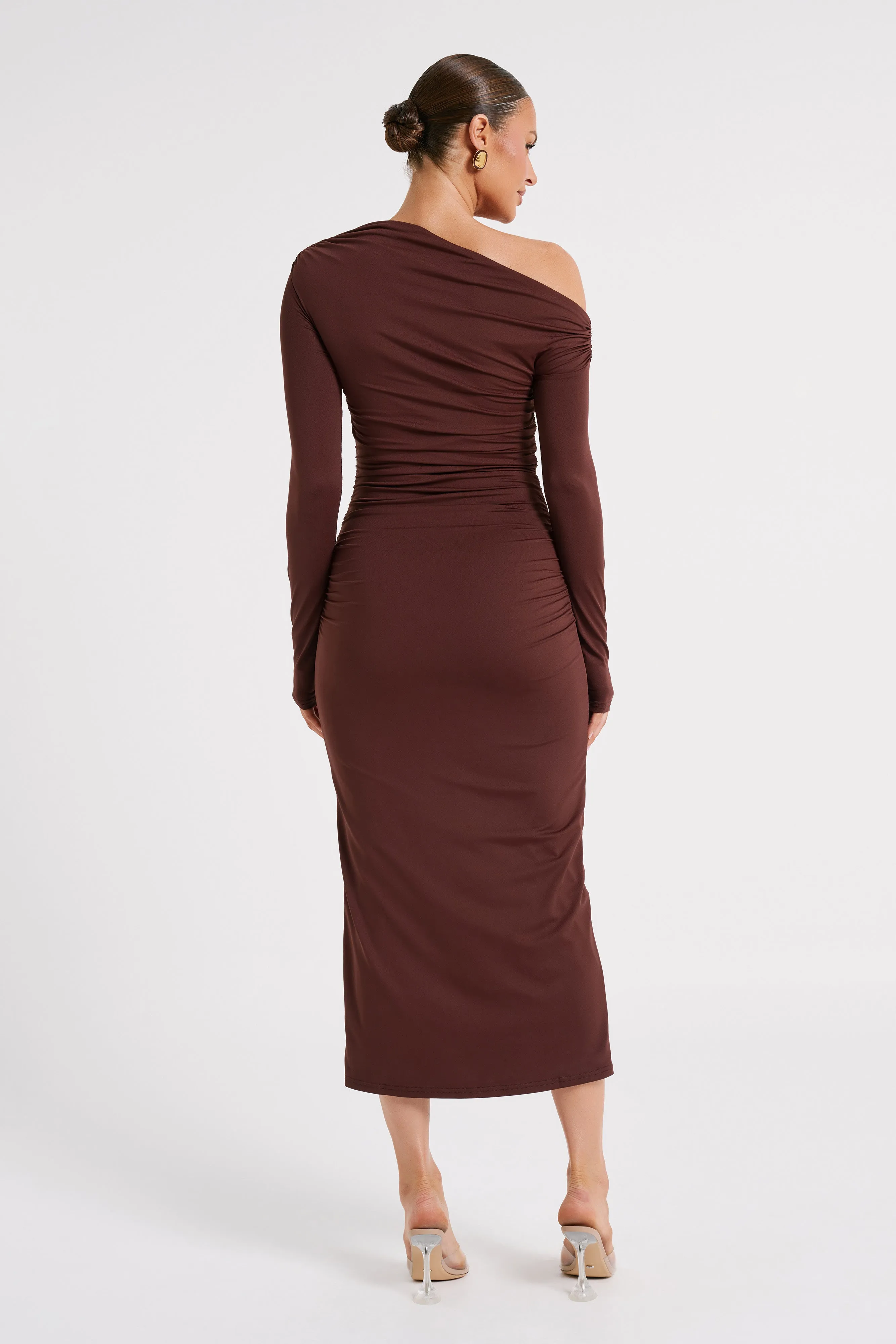 Christabel Recycled Nylon Ruched Midi Dress - Chocolate sold by Meshki product image thumbnail 3