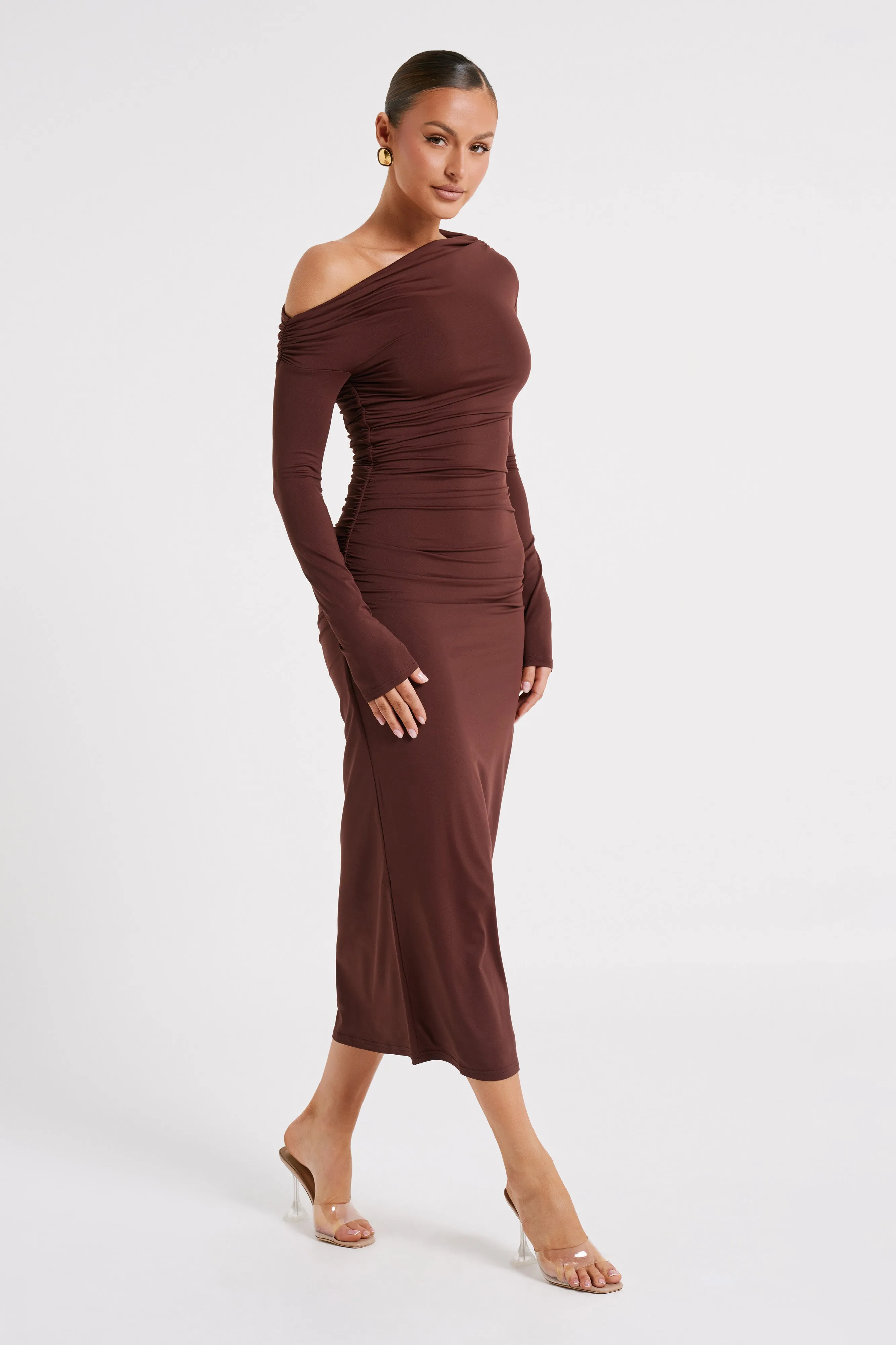 Christabel Recycled Nylon Ruched Midi Dress - Chocolate sold by Meshki product image thumbnail 4