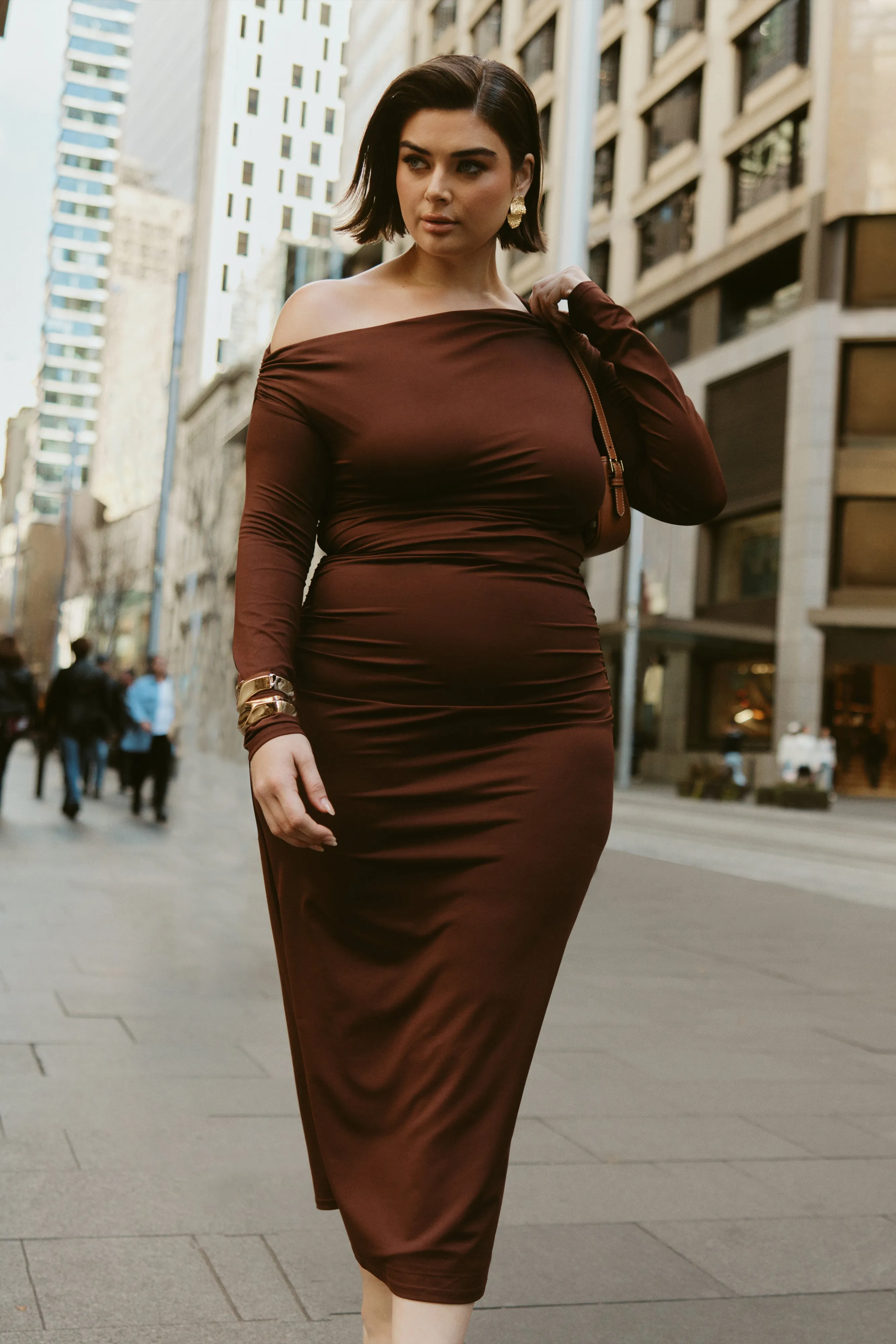 Christabel Recycled Nylon Ruched Midi Dress - Chocolate sold by Meshki