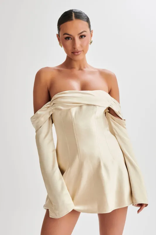 Giselle Off Shoulder Satin Mini Dress - Gold sold by Meshki
