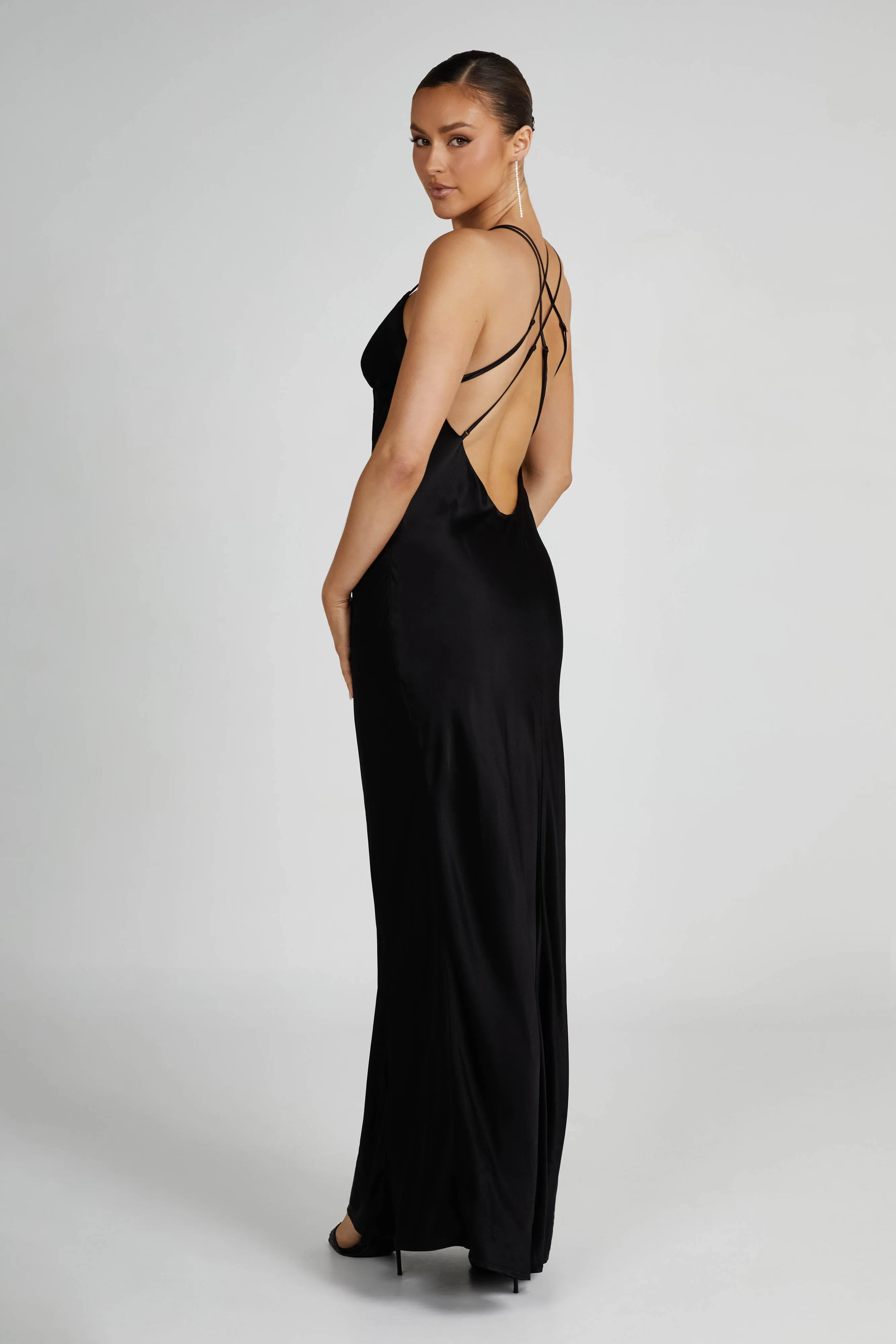 Makari Satin Maxi Dress - Black sold by Meshki