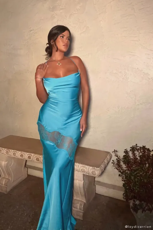 Chandra Lace Detail Satin Maxi Dress - Aquamarine sold by Meshki