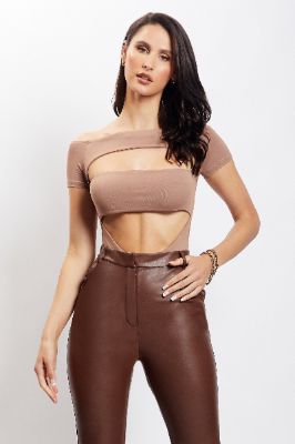 Breanna Cut Out Bodysuit - Light Brown sold by Meshki