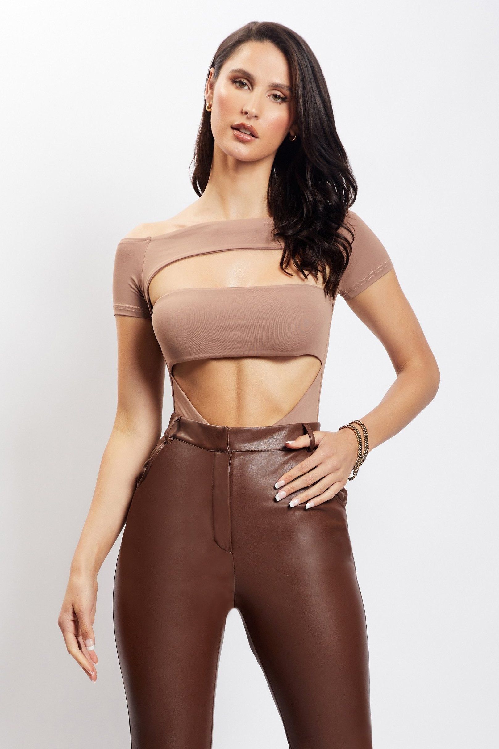 Breanna Cut Out Bodysuit - Light Brown sold by Meshki