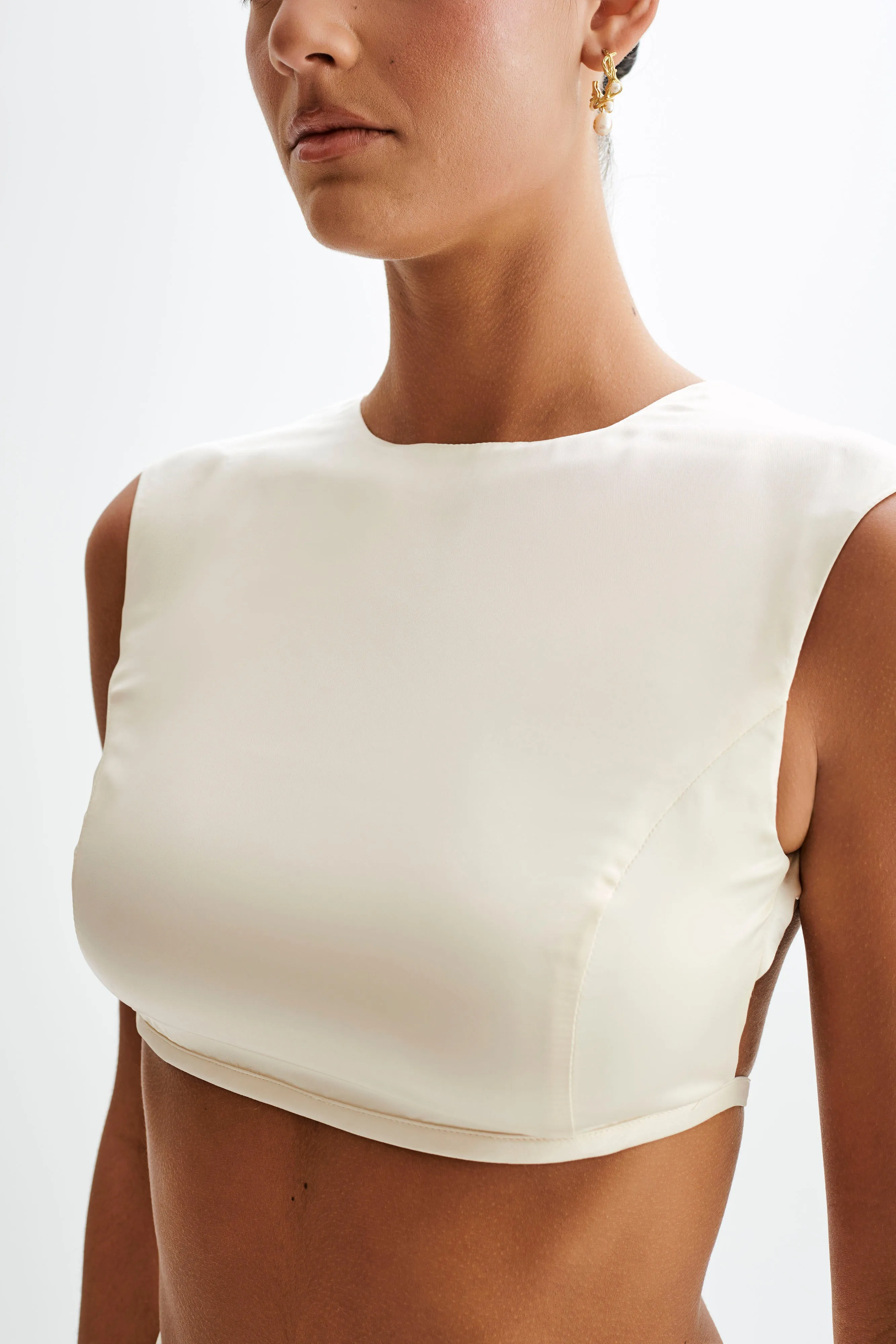 Viviana Satin Sleeveless Crop Top - Ivory sold by Meshki product image thumbnail 3